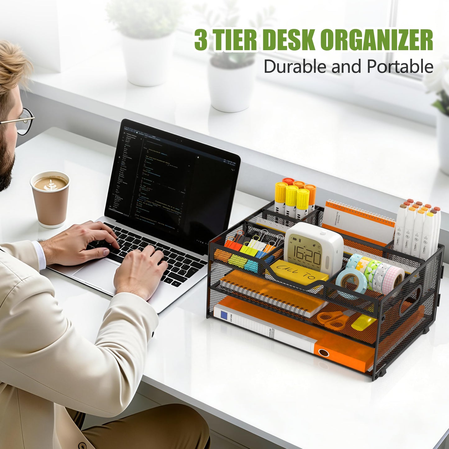 NextFile 3-Tier Letter Paper Tray Desk Organizer, Black Desktop File Rack Holder with 3 Drop in Pencil Holder and Sliding Tray for Office Classroom and Home Supplies Organization Storage
