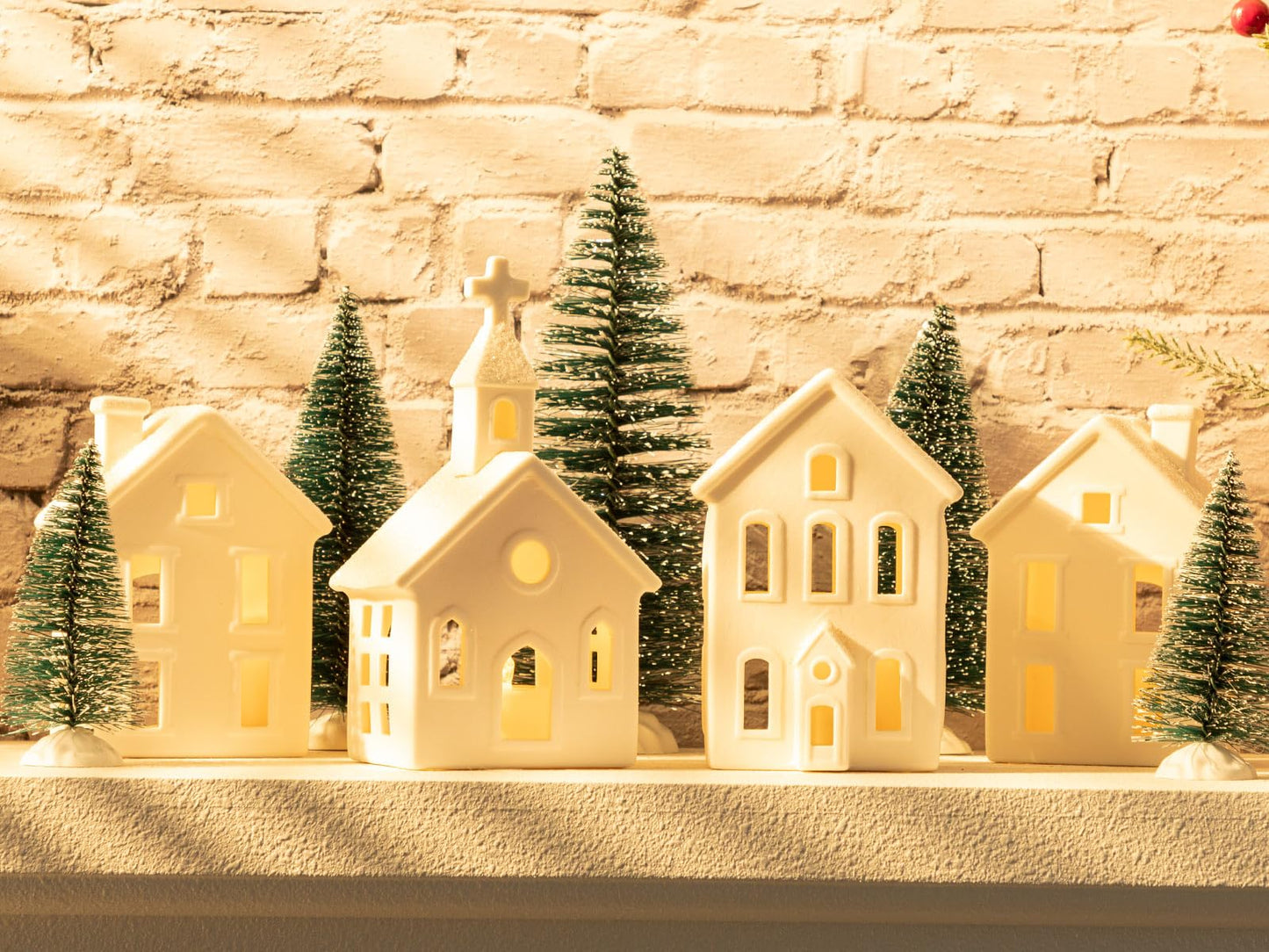 BUTITNOW 9 Pcs Christmas Village Figurines Sets - 4 Lighted Ceramic Houses with Remote Control & 5 Trees - Christmas Decorations Indoor - White Xmas Holiday Farmhouse Rustic Decor for Home Table Room
