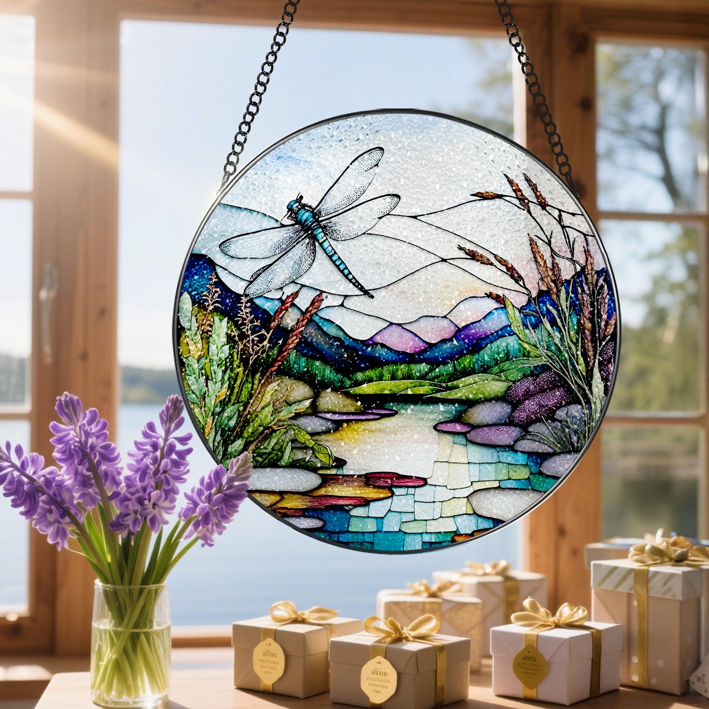 8 Inch Stained Glass Suncatcher Ornament, DOUHASU Dragonfly Sun Catchers Indoor Window, Stained Glass Window Hanging, Home Decor, Dragonfly Lovers Gifts for Her, Women, Mom, Wife