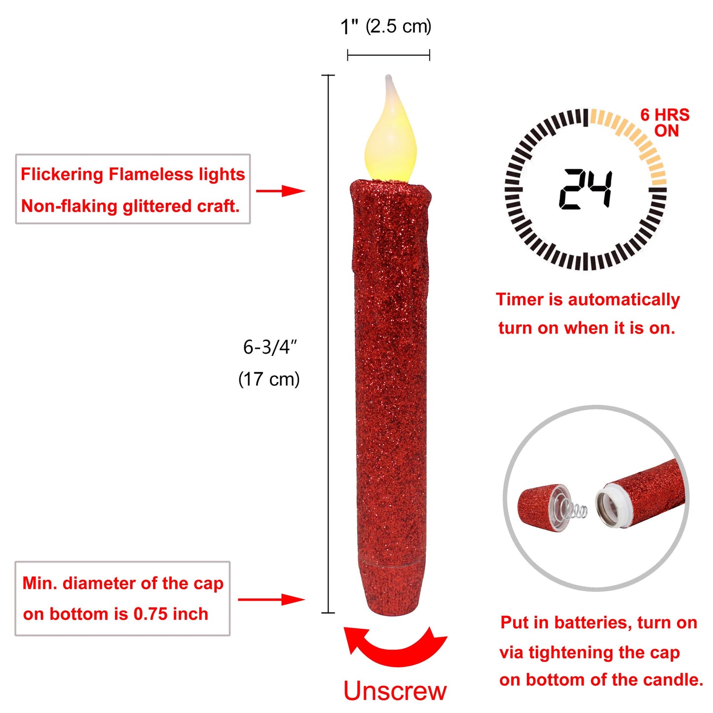 CVHOMEDECO. Glitter Flameless Candles Flickering Battery Operated LED Taper Candles with Timer for Home, Wedding, Halloween, Christmas Decor. Red, 6-3/4 Inch, Set of 2