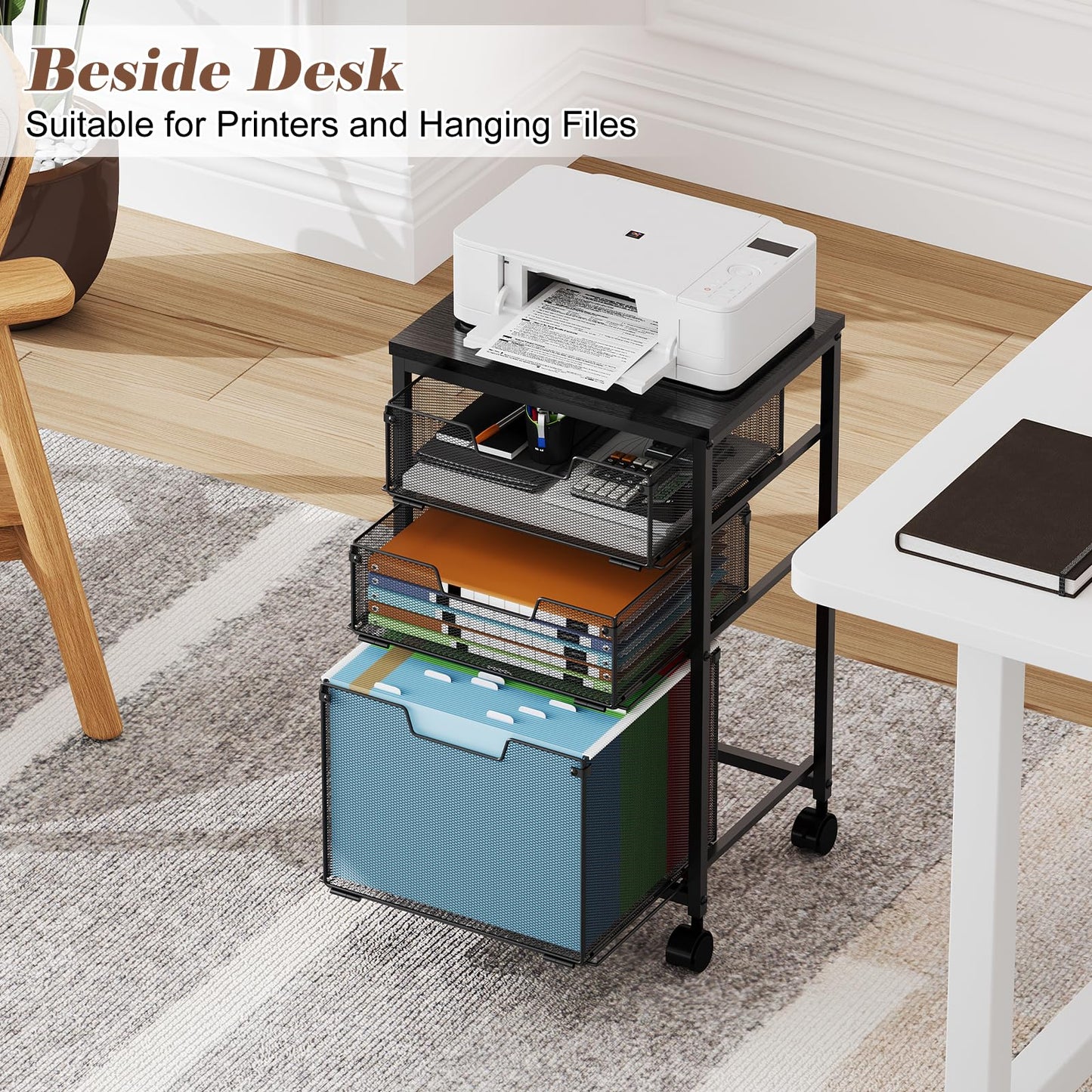 Sbanmao Rolling File Cart with 3 Drawers, Filing Cabinet, Hanging Folder Holder Organizer with Wheels, Under Desk Storage Utility Cart, File Cabinet Printer Stand for Home Office, Black