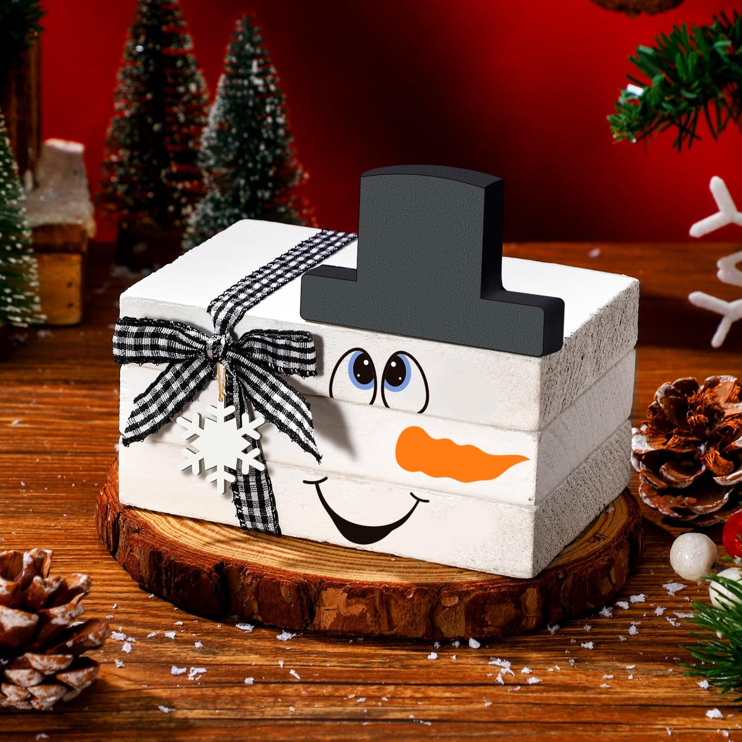 5 Pcs Winter Snowman Table Decorations Winter Wooden Tiered Tray Decor White Centerpiece Decorative Wood Books Table Top Decor Home Farmhouse Rustic Kitchen Shelf Decoration