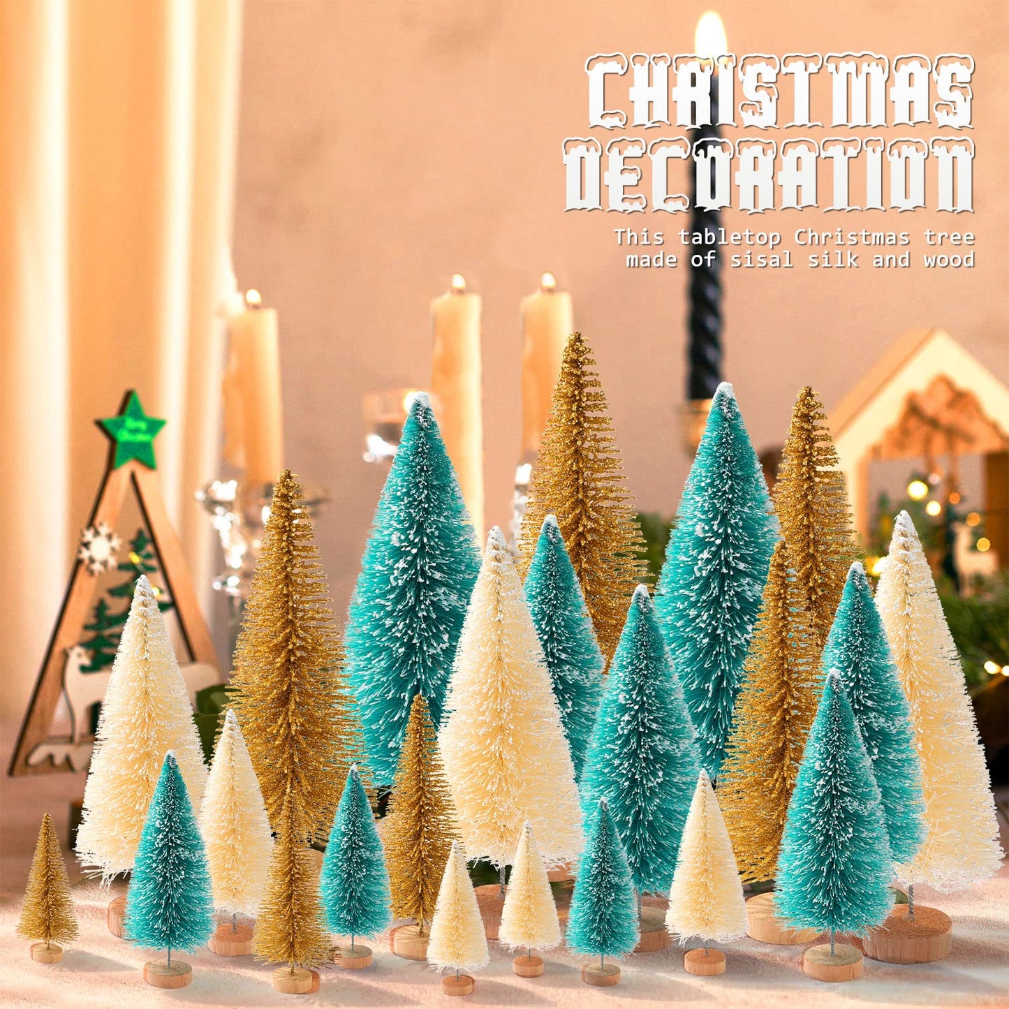 30Pcs Mini Christmas Trees, Artificial Christmas Tree Bottle Brush Trees Christmas with 5 Sizes, Sisal Snow Trees with Wooden Base for Christmas Decor Christmas Party Home Table Craft