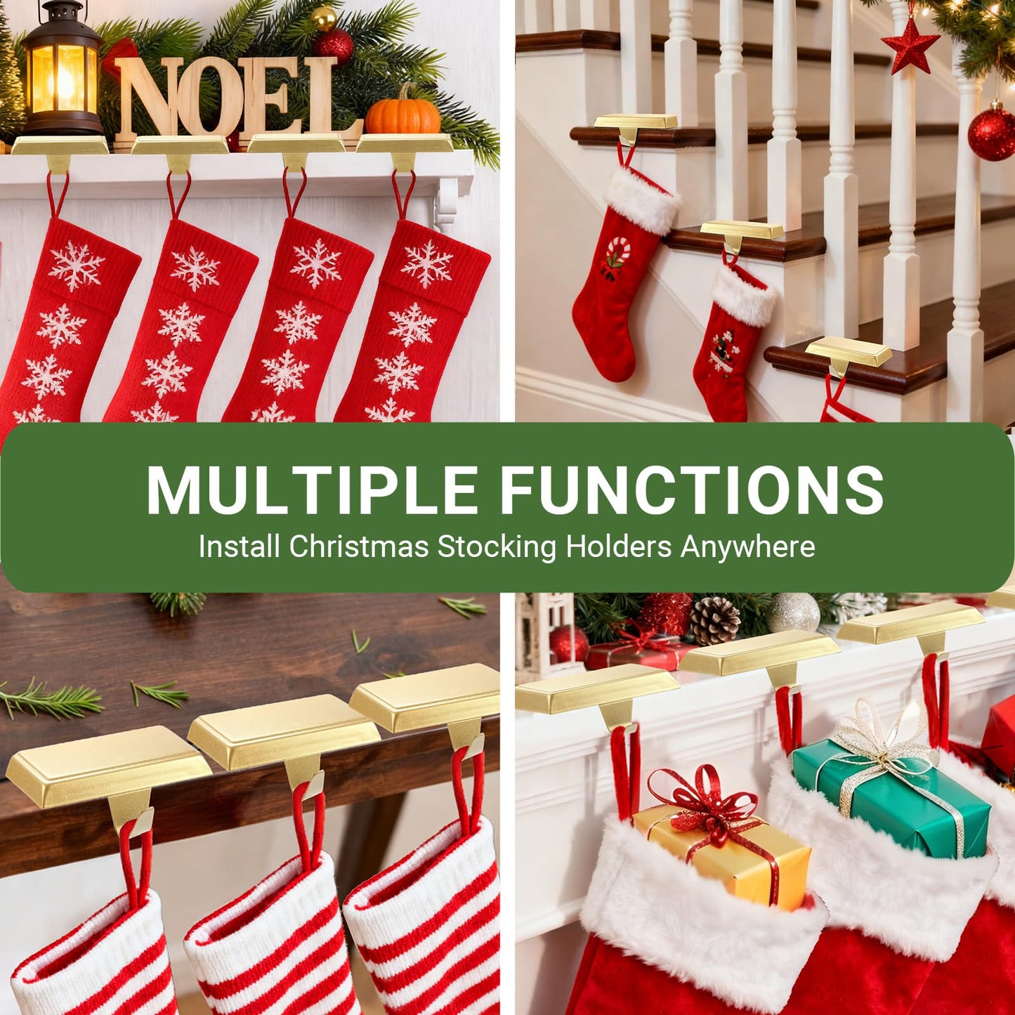 Komotu 4 Pcs Metal Christmas Stocking Holders for Mantle - Weighted Heavy Duty Stocking Hangers Hooks for Fireplace Table Window Xmas Holiday Decor (Gold)