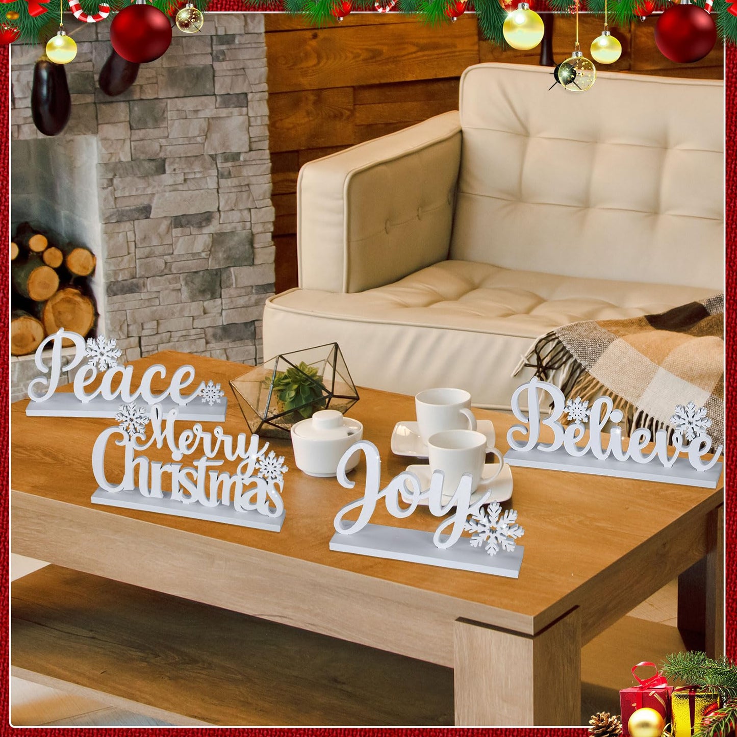 Roowest 4 Pcs Wooden Christmas Table Sign White Merry Christmas Table Decor Elegant Joy Wood Cutout with Glitter Tabletop Believe Peace Words Centerpiece for Mantle Tiered Tray Shelf Xmas Party Decor