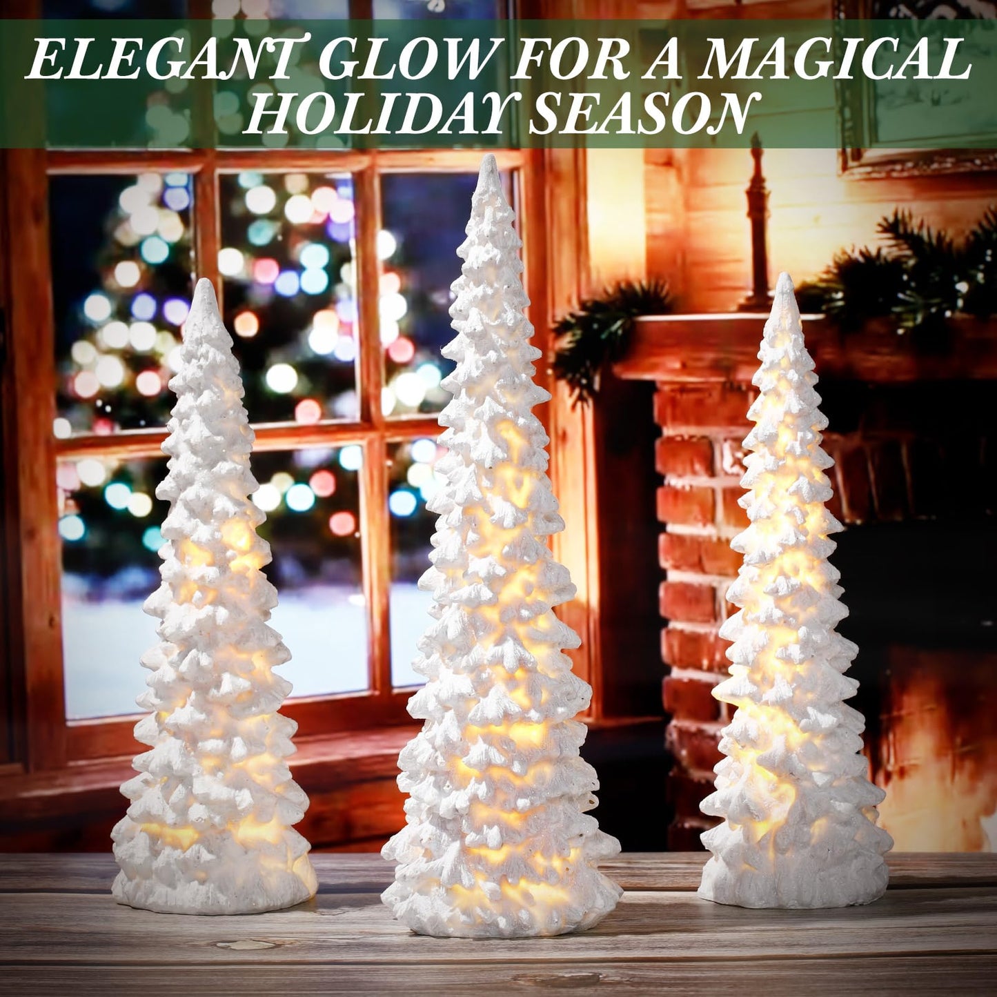 Flutesan 3 Pcs White Christmas Tree Figurines with Lights 11" /9" Tabletop Glittered Resin Village Pine Figurine Light Up Battery Operated Centerpieces Winter Holiday Decor for Table Mantel Home