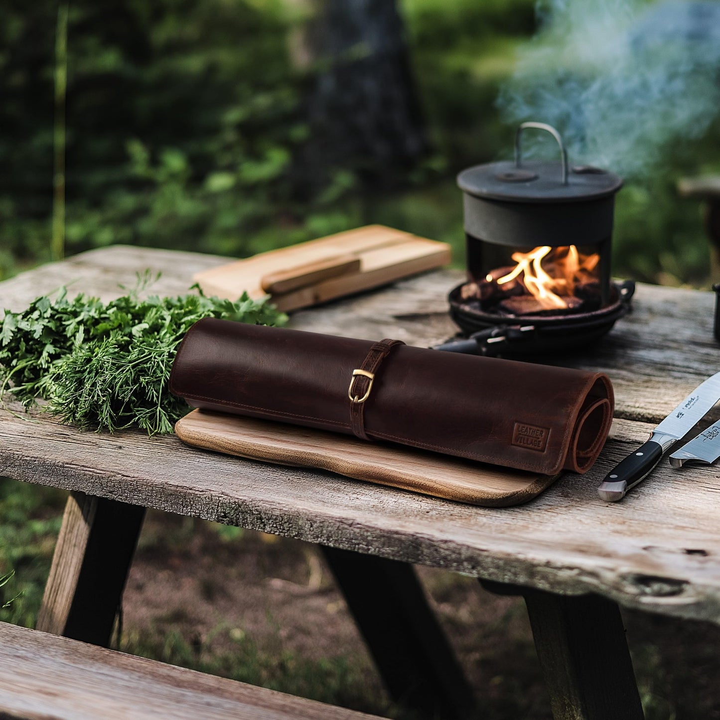 LEATHER VILLAGE Genuine Leather Knife Roll Bag – Professional Chef Carrying Case, Durable Sheath Holder, Cooks & Culinary Tools Organizer, Portable Travel Storage with 4 Slots & Zipper - Cherry