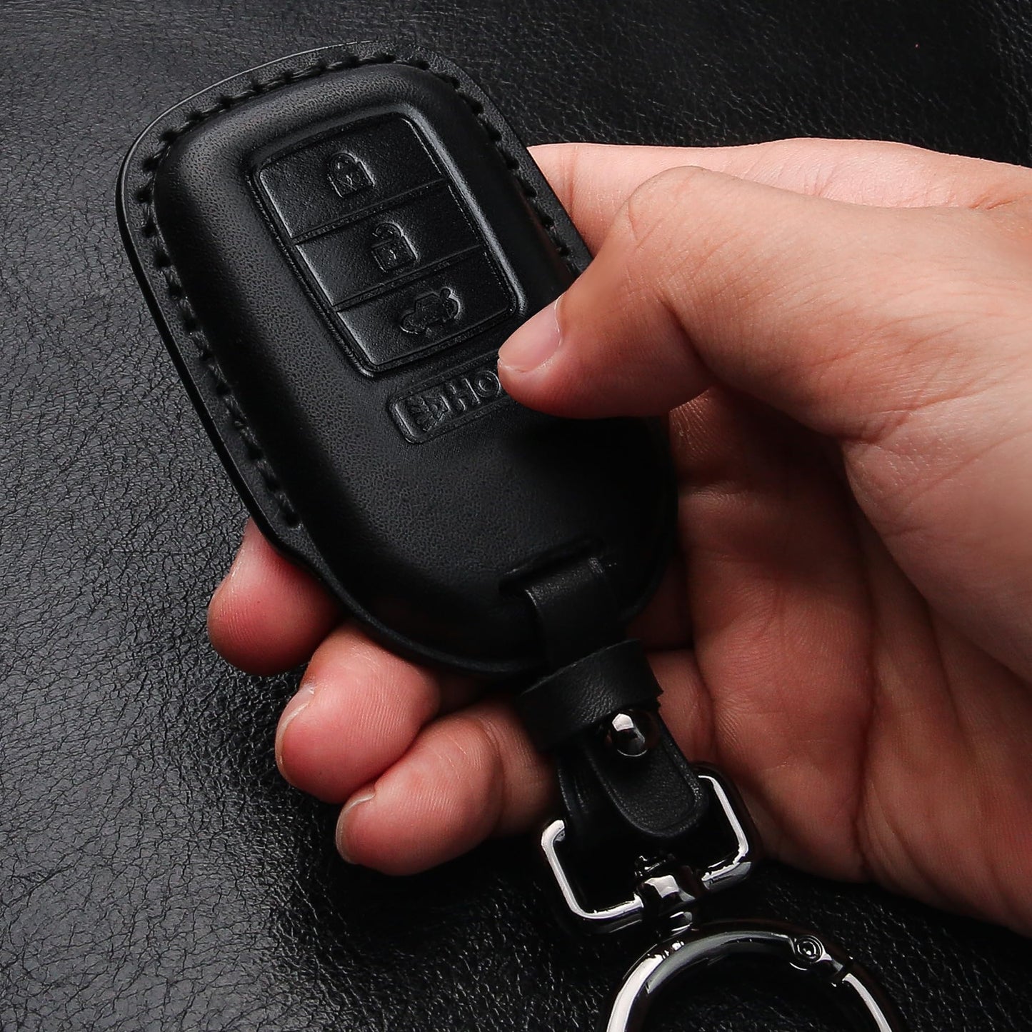 Tukellen for Honda Leather Key Fob Cover with Keychain Compatible with Honda Accord Civic Fit Pilot Odyssey CRV Clarity CRZ HRV Ridgeline EX EX-L 4 Buttons-Black