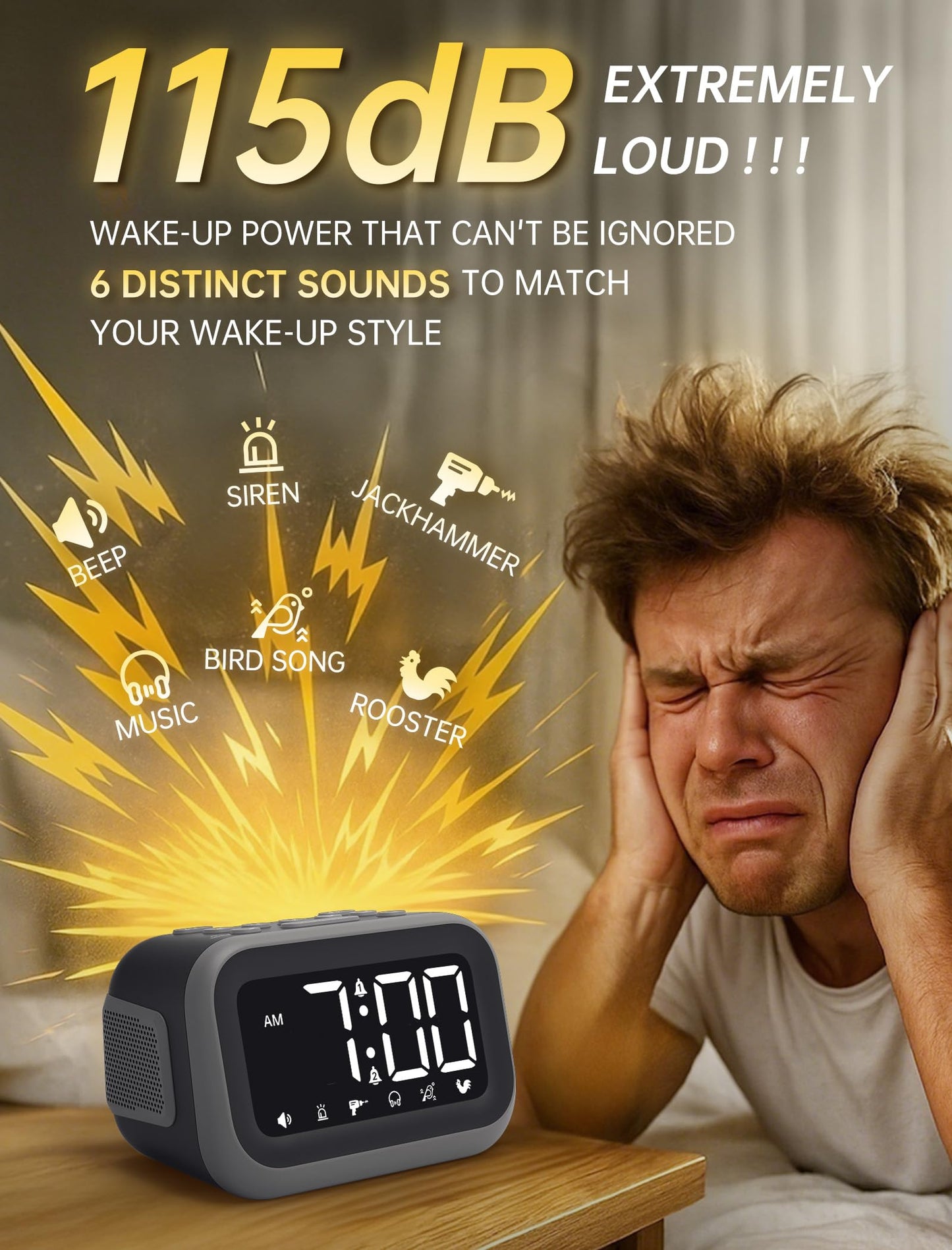 Acedeck Super Loud Alarm Clock: 115dB Dual Alarms and 6 Alarm Sounds for Heavy Sleepers - Adult Shift Workers in Bedroom or Daily Wake-Up Use - Gray