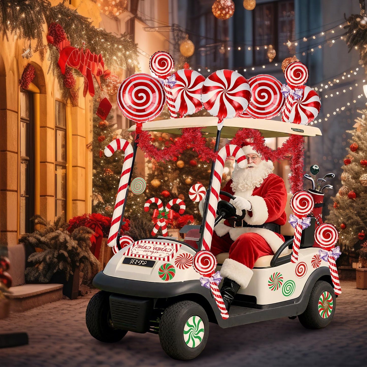 Leyndo 46 Pcs Christmas Golf Cart Decorations Kit Christmas Candy Cane Parade Decor Red Green and White Car Decoration with Banner Candy Cane Hanging Garland Stickers Balloon for Xmas Party