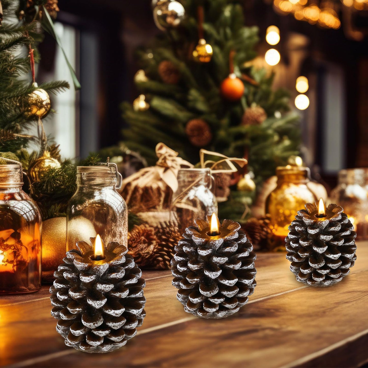 Baquler 3 Pcs LED Pine Cone Candles, Battery Operated, Flameless, Real Wax Pine Cone Candles with LED Flickering for Christmas Party Decoration
