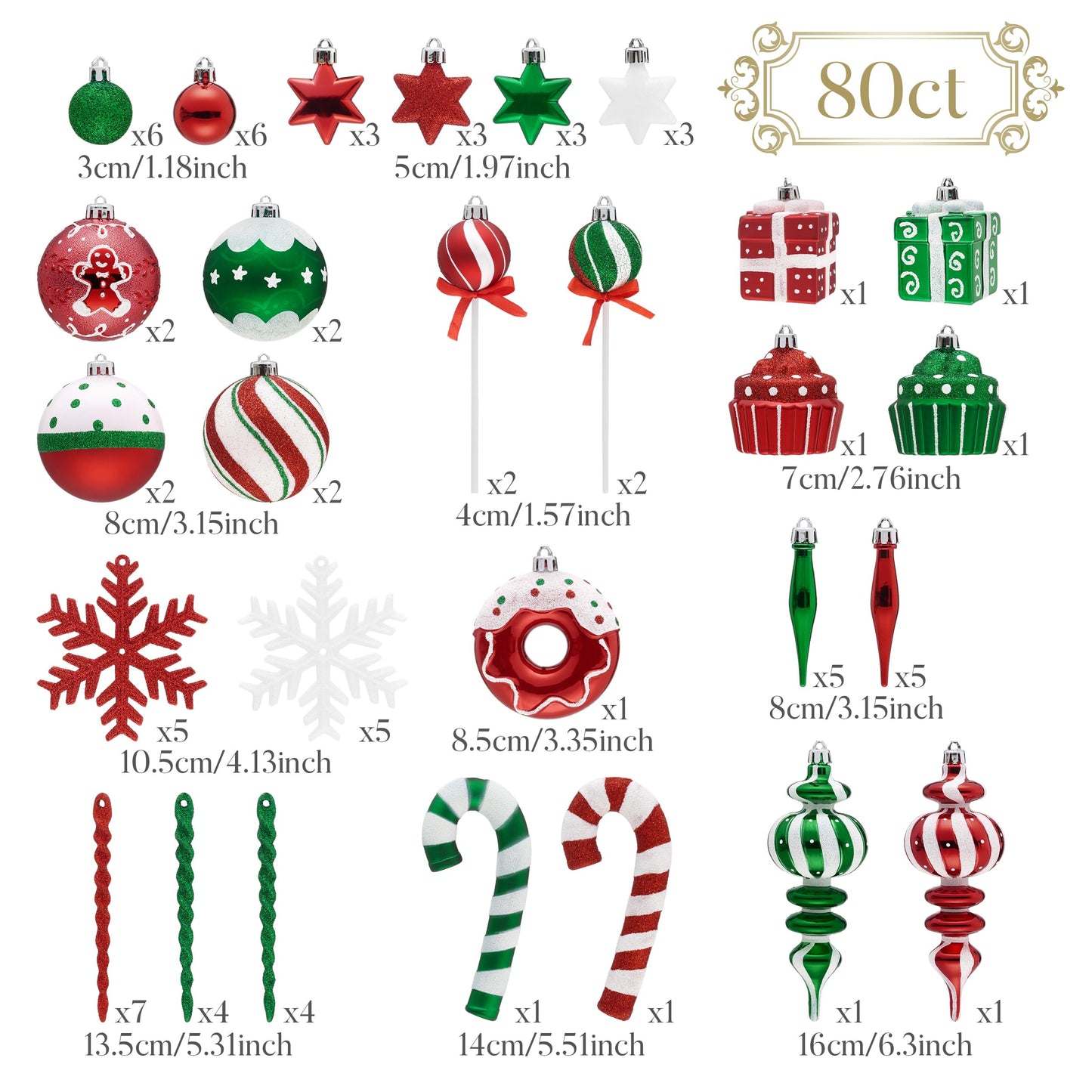 Valery Madelyn Christmas Ball Ornaments Set, 80ct Candy Cane Red Green White Shatterproof Christmas Tree Decorations, Variety Decorative Hanging Ornaments Bulk for Xmas Holiday Party Decor