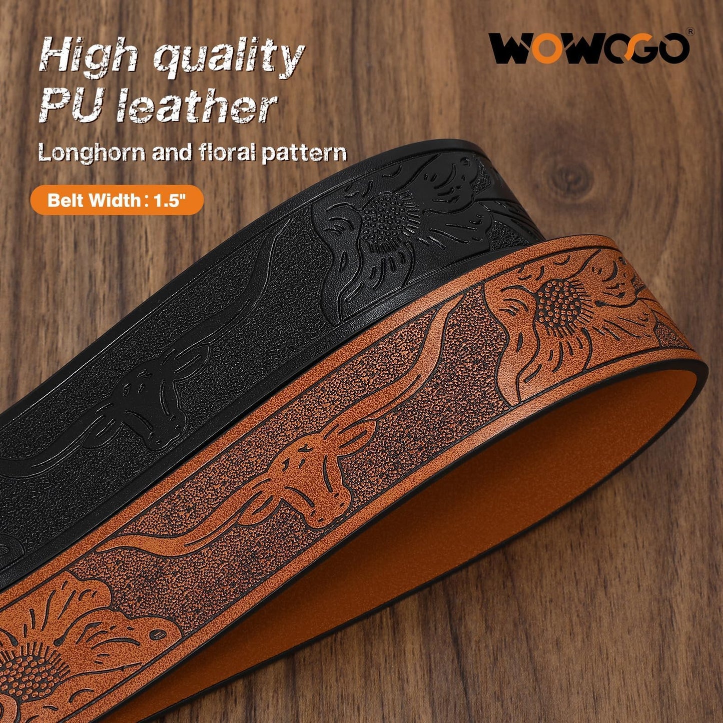 WOWOGO 2 Pack Western Cowboy Belts for Men Women Cowgirl Country Floral Engraved Pu Leather Belt with Longhorn Bull Buckle