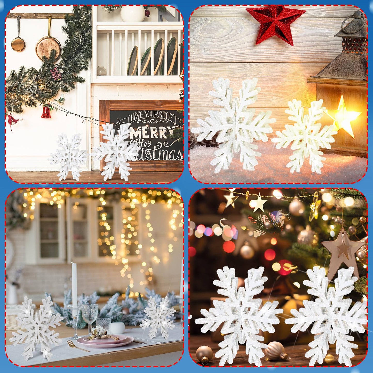 Bucherry 12 Pcs Glitter Snowflake Decorations 3D Winter Wooden Snowflake Tabletop Decor Sparkle Christmas Signs and Centerpiece for Xmas Winter Wonderland Decorations(White)