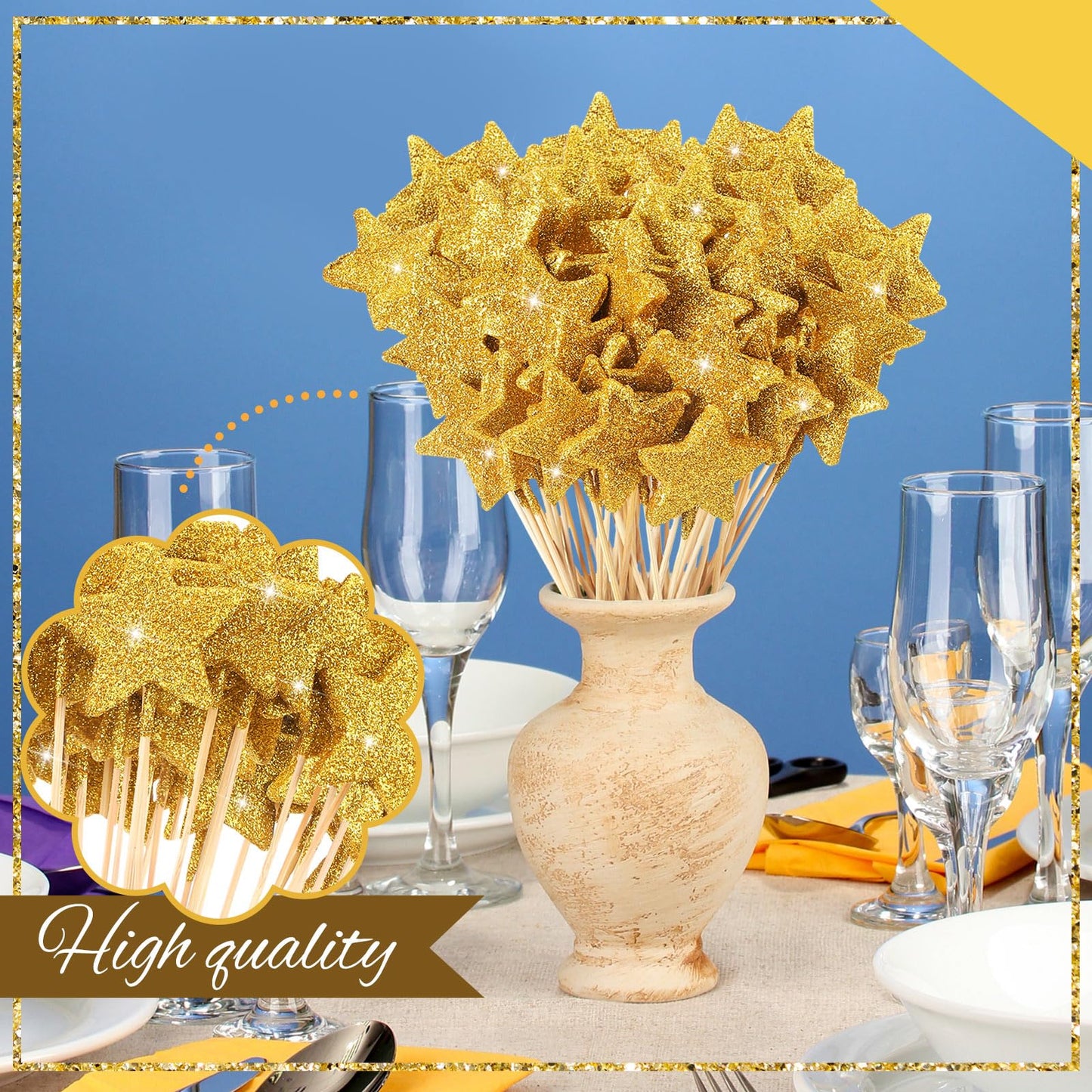 Suzile 60 Pcs Golden Star Floral Pick 8'' Star Centerpiece Table Decor Gold Graduation Glitter Craft Stick Sparkly Foam Stem for Floral Arrangement Wreath Wedding Bridal Baby Shower Birthday