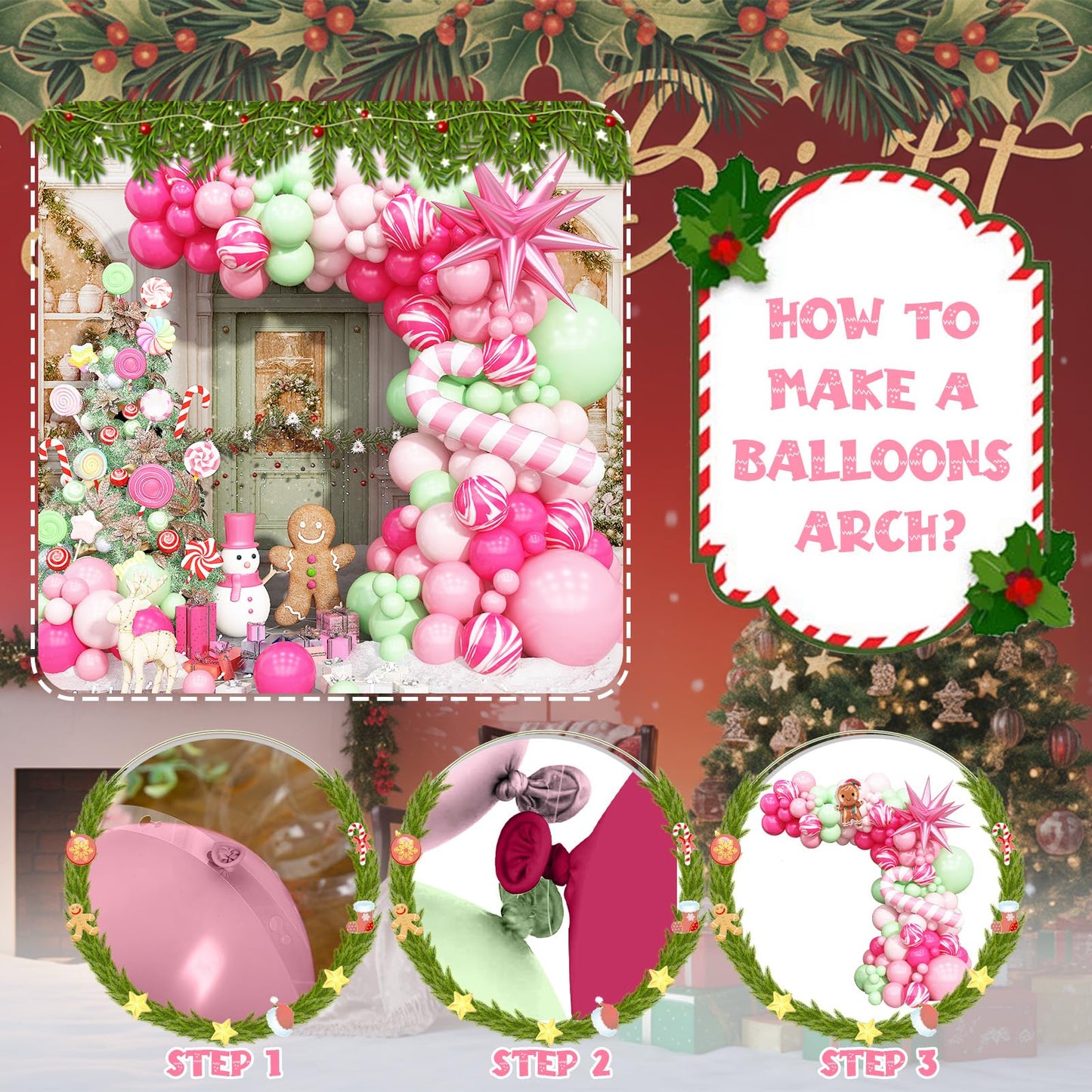 Christmas Balloon Arch Pink Green Balloons Garland Candy Cane Crutch Foil Balloons Explosion Star Xmas Pastel Agate Hot Pink Latex Helium Balloon Gingerbread Man New Year Birthday Party Decorations