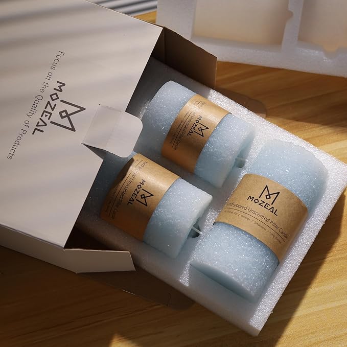MOZEAL Hand-Poured Granular Texture Decorative Baby Blue Pillar Candles Set of 3 (3"x4", 5", 6"),Approx 300 Hours Burn Time Dripless, Unscented, Smokeless, Spring Party Decor Candle Lover Gift
