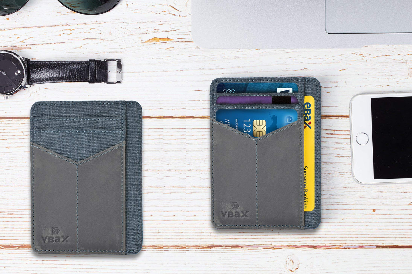 VBAX RFID Slim Wallet for Men Women, 8 Card Slot Leather Minimalist Front Pocket Credit Card Holders, Grey Canvas
