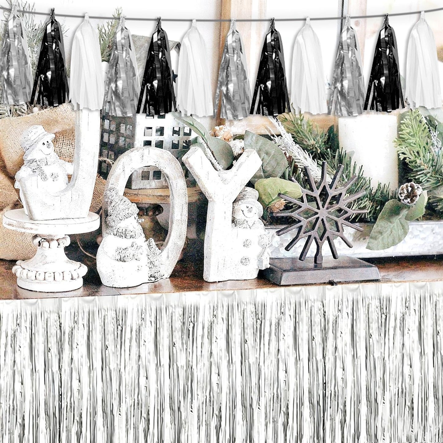 4P Black Silver white Tassel Banner Garland Metallic Foil Fringe Banner Tinsel Tassels Streamer Banner Backdrop for Parade Floats, Graduation Decorations, Halloween, Christmas Decorations