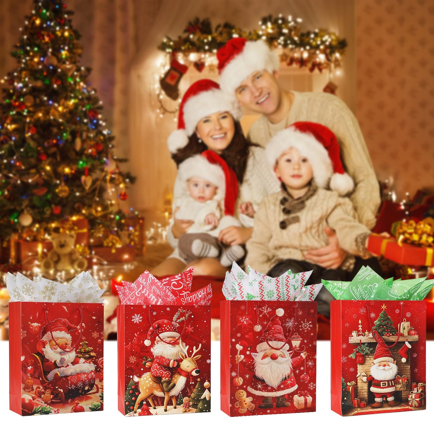 Rusikia 12 Christmas Gift Bags with 12 Tissues and 1 Satin Ribbon - Medium