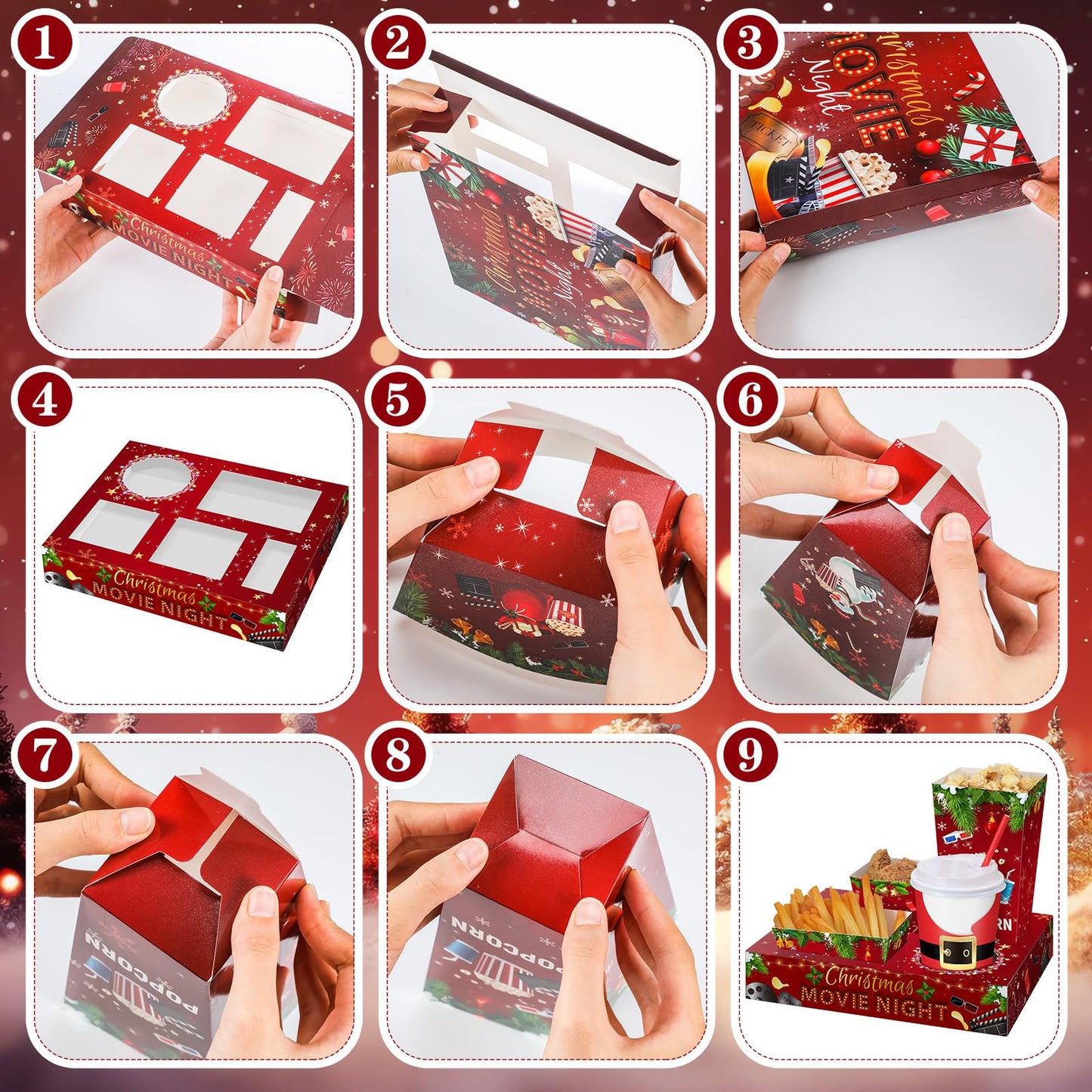 Bokon 172 Pcs/ 24 Sets of Christmas Movie Night Snack Trays 3 Sizes Snow Santa Snack Boxes, 16 oz Disposable Drinks Cups, 50 Straws, Complimentary Sealing Stickers for Cinema Party Decoration