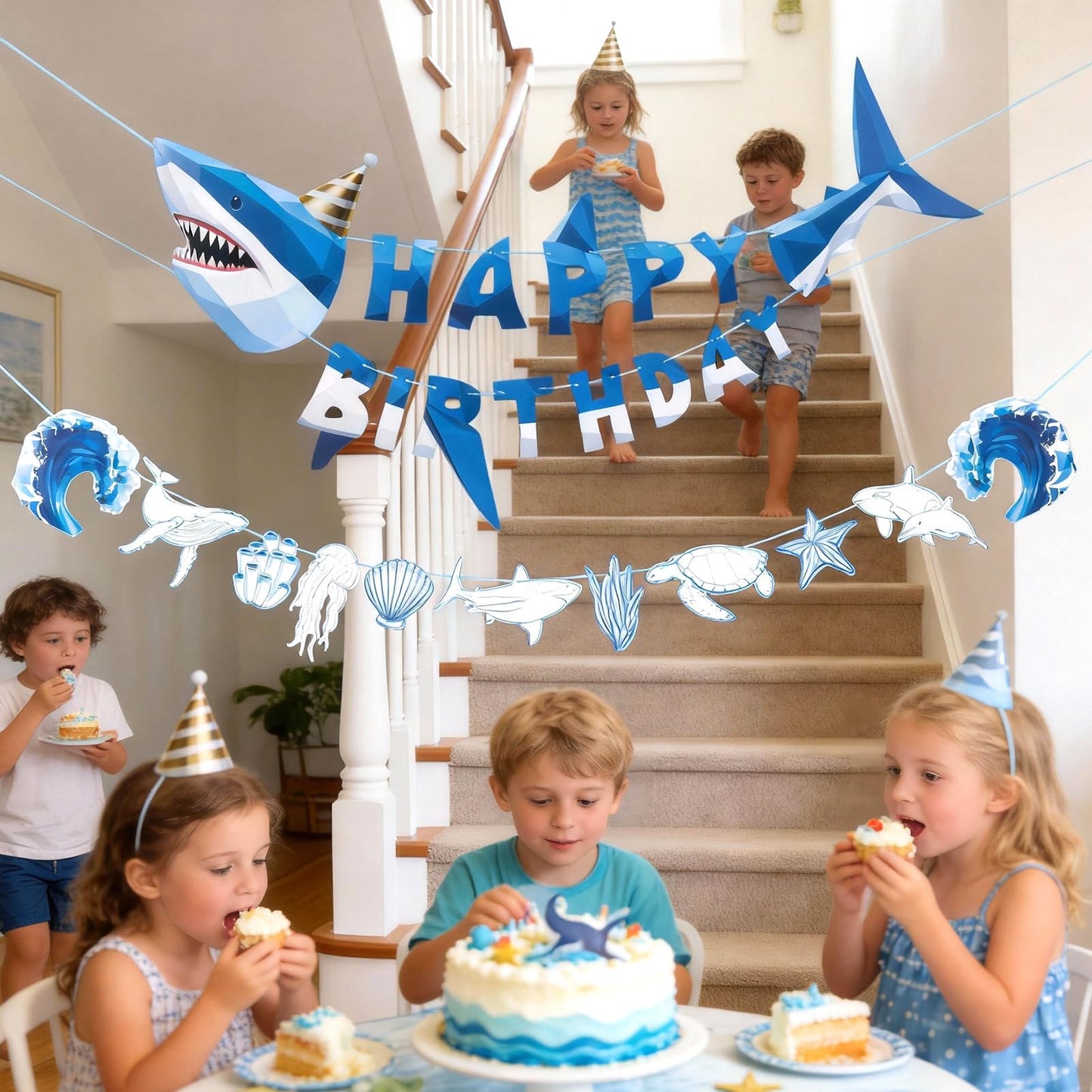 Paper Jazz Ocean Shark Decor Whale Shark Party Decoration for Wall,Under The Sea Birthday Banner Hanging Fish for Room Classroom Baby Shower Themed Party (Blue)