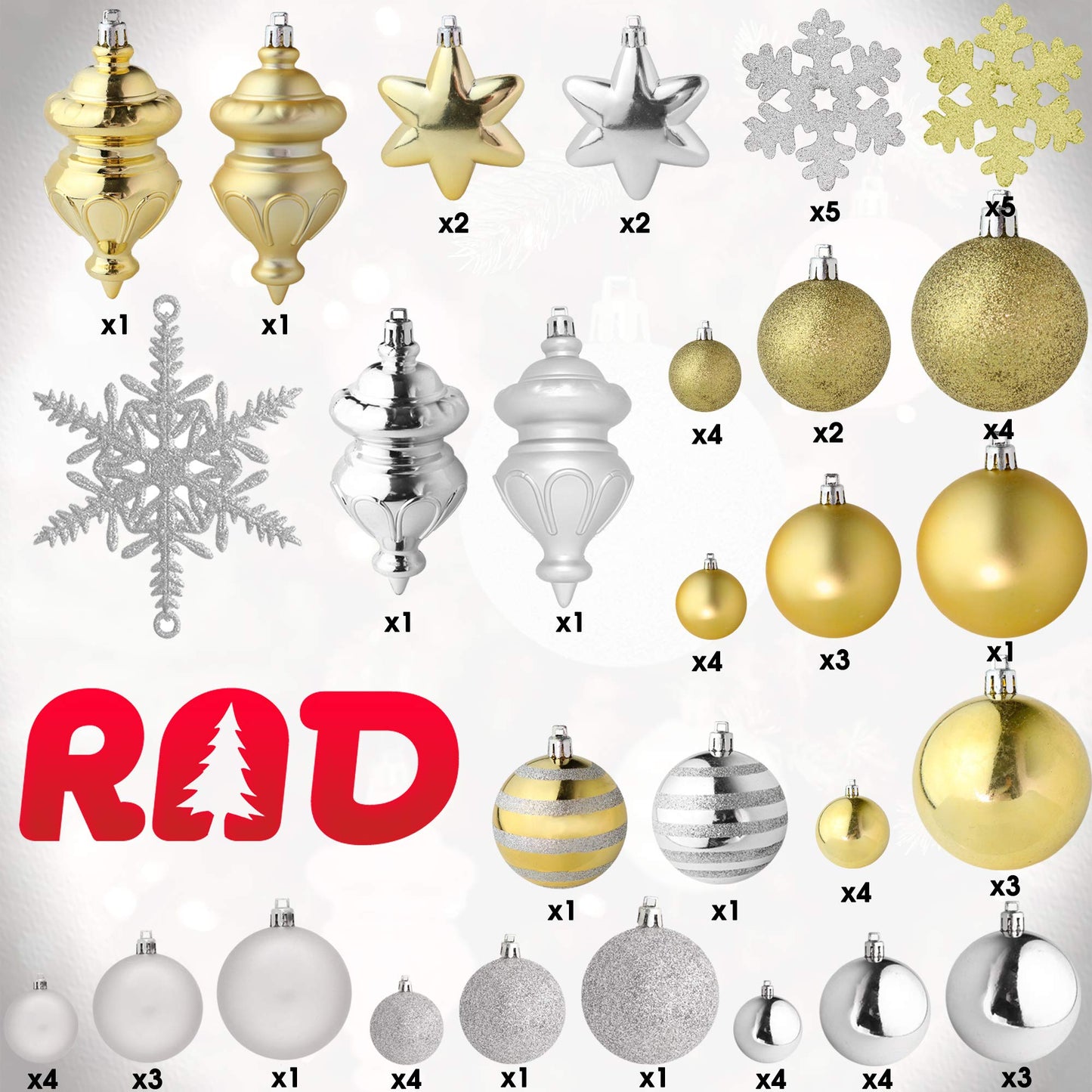 RN'D Christmas Snowflake Ball Ornaments - Christmas Hanging Snowflake and Ball Ornament Bulk Assortment Set with Hooks - 76 Xmas Ornaments and Hooks (Gold & Silver)