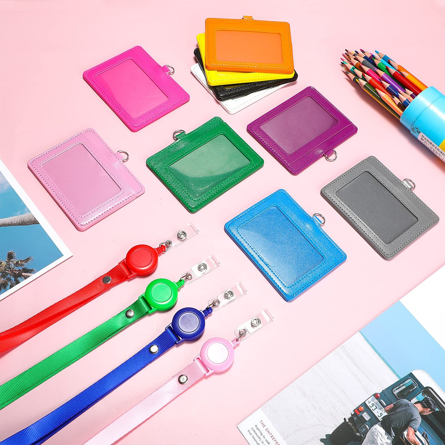 12 Sets PU Leather ID Badge Holder Retractable Name Badge Reel with Lanyards Waterproof Clear Card Holder with 1 Transparent ID Window 1 Credit Card Slot for Women Men Nurse School Office (Horizontal)