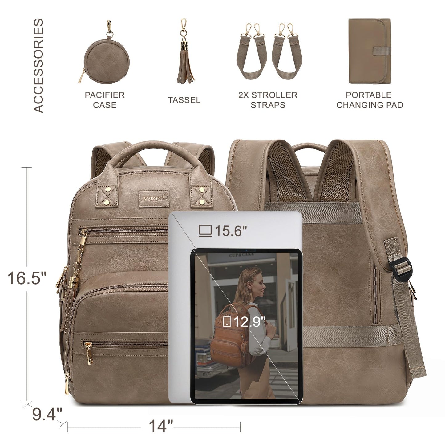 ROSEGIN Premium Vegan Leather Diaper Bag Backpack with Waterproof Changing Pad, Reinforced Zippers & Odor-Free, 20 Pockets Pro Organizer, Fits 15.6" Laptop, Stroller Straps, Baby Bag for Mom, Taupe