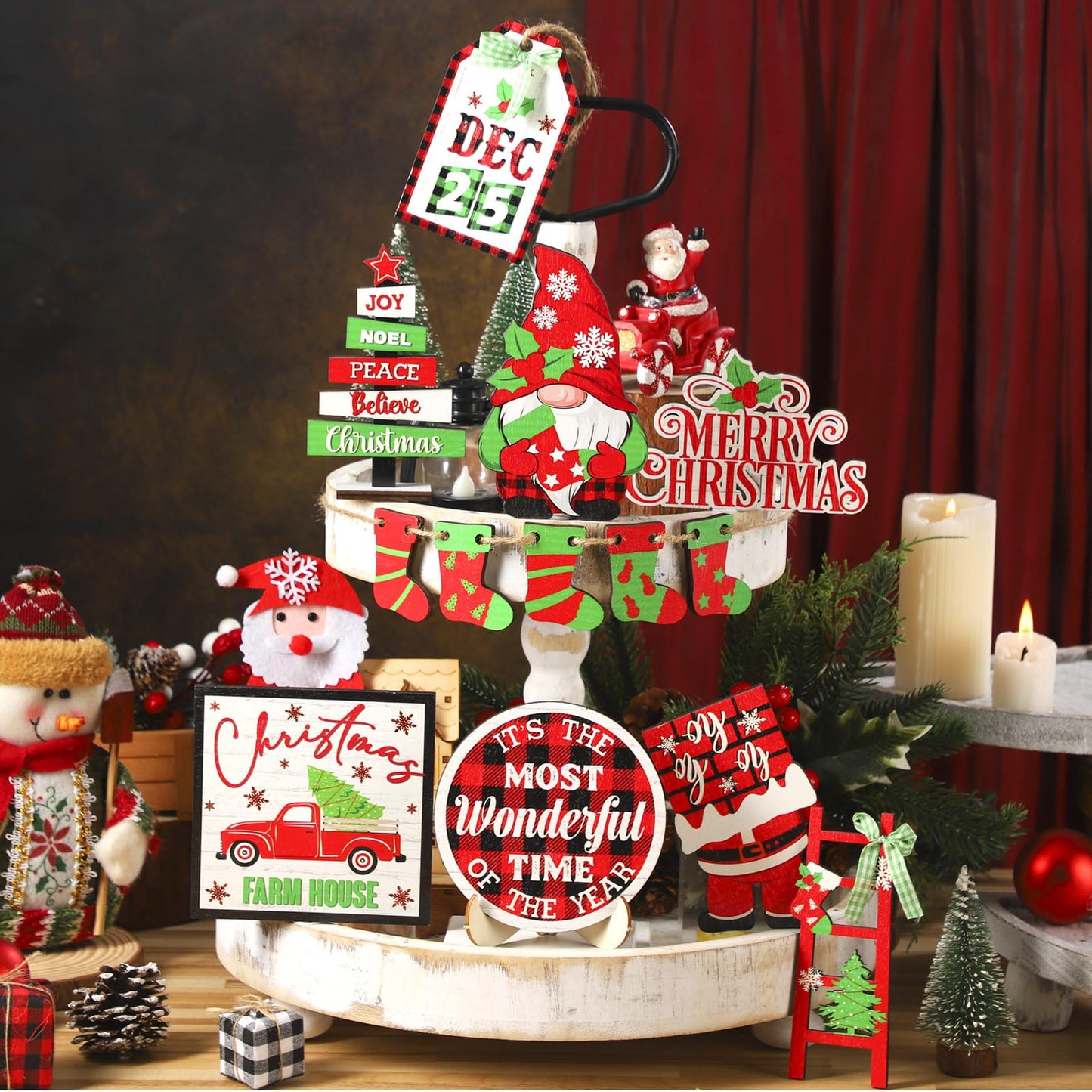 Tradder 14 Pcs Christmas in July Tiered Tray Decor Christmas Stockings Red Truck Xmas Tree Santa Wooden Signs Xmas Table Decorations Rustic Farmhouse Ornaments for Home Shelf