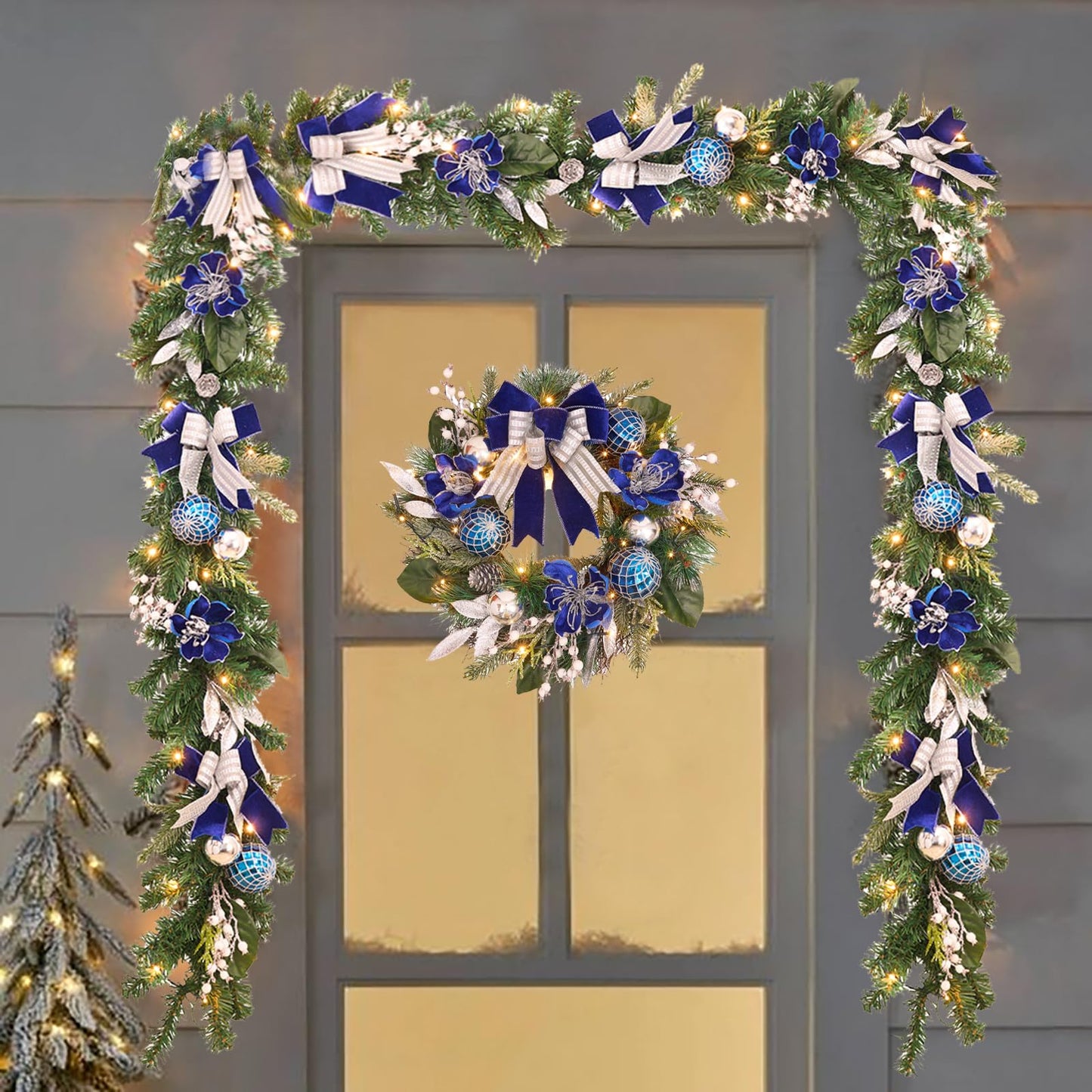 Pre-Lit Christmas Garland for Front Door with 20 LED Lights,6 ft Silver Blue Lighted Christmas Garland for Mantel Fireplace Window Stairs Holiday Decoration with Timer,Magnolia Winter Decor