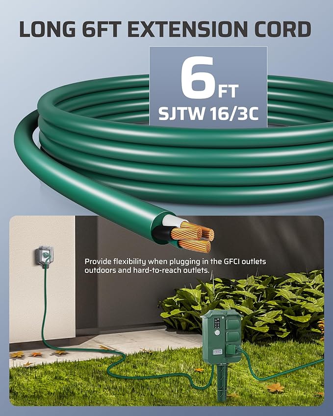 DEWENWILS Outdoor Power Stake Timer Waterproof, 6 Grounded Outlets, 6FT Extension Cord, 100FT Wireless Remote Control, Photocell Dusk to Dawn Timer for Christmas Lights, Garden, UL Listed