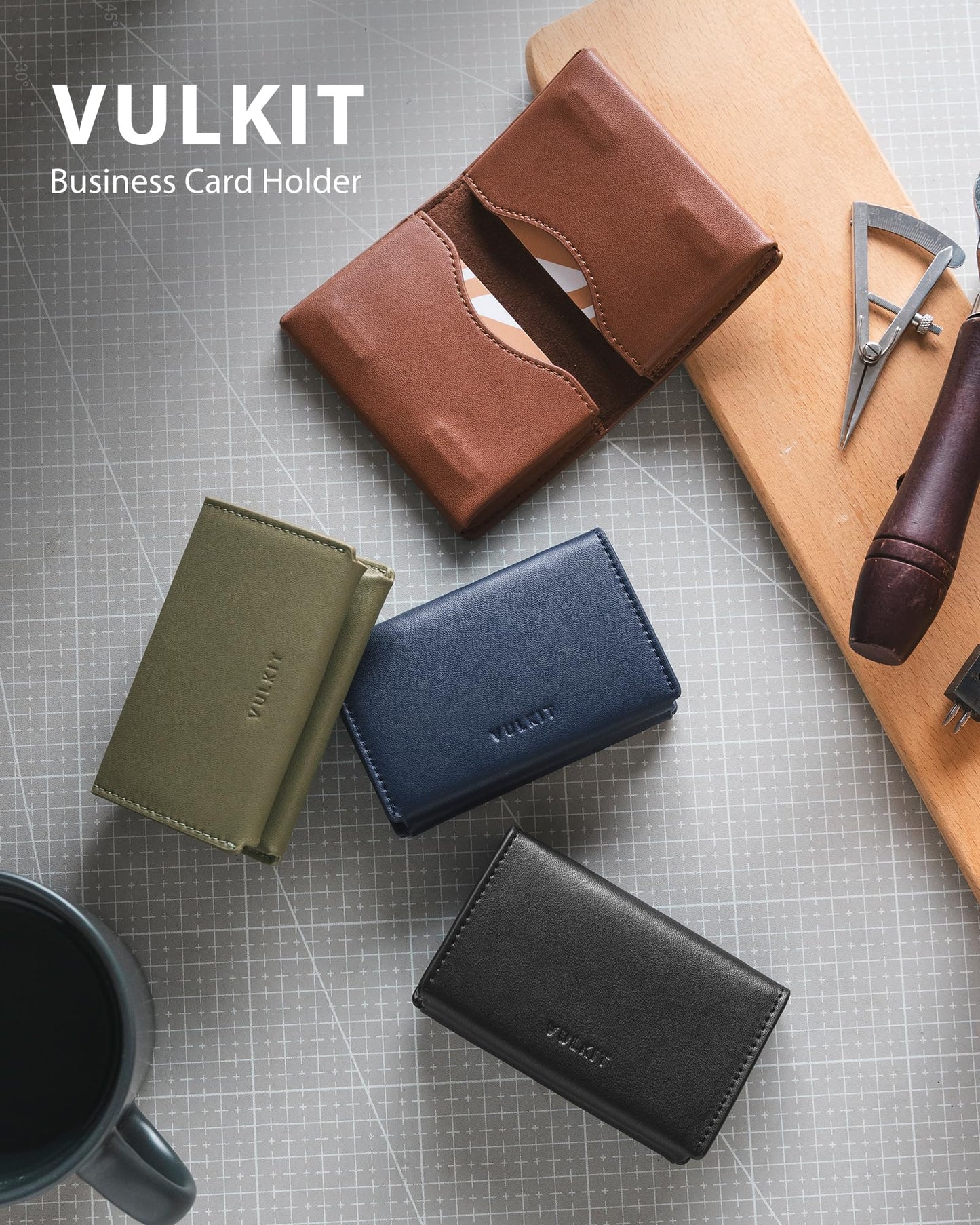 VULKIT Leather Business Card Holder, RFID Blocking, Magnetic Closure, 2 Big Slots Holds up to 40 Cards, Navy Blue