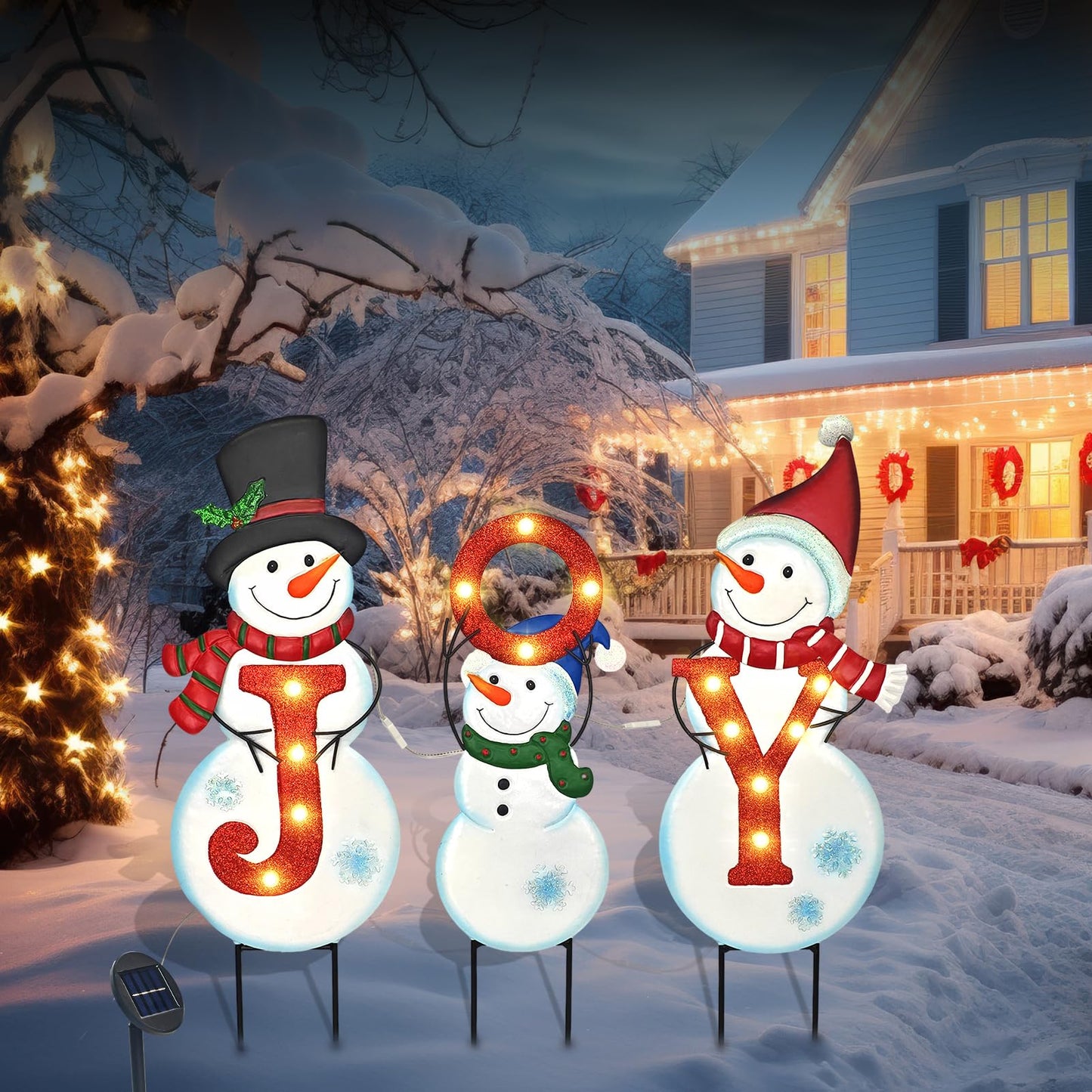 Christmas Outdoor Yard Signs Decorations, LED Solar Metal Garden Stake Lights with Joy for Patio Lawn Christmas Decor (Snowman Family)