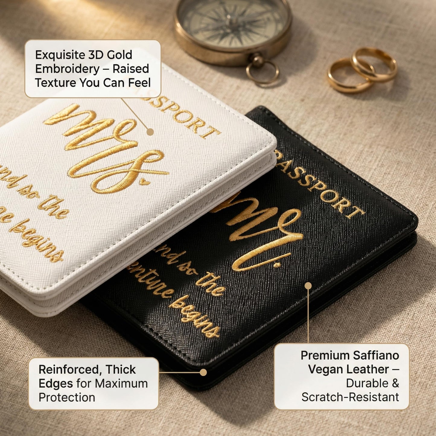 Passport Holder Set for Couples, Mr and Mrs Embroidered Passport Covers, PU Leather Travel Accessory, Wedding and Honeymoon Gift (Embroidered Black White Gold)