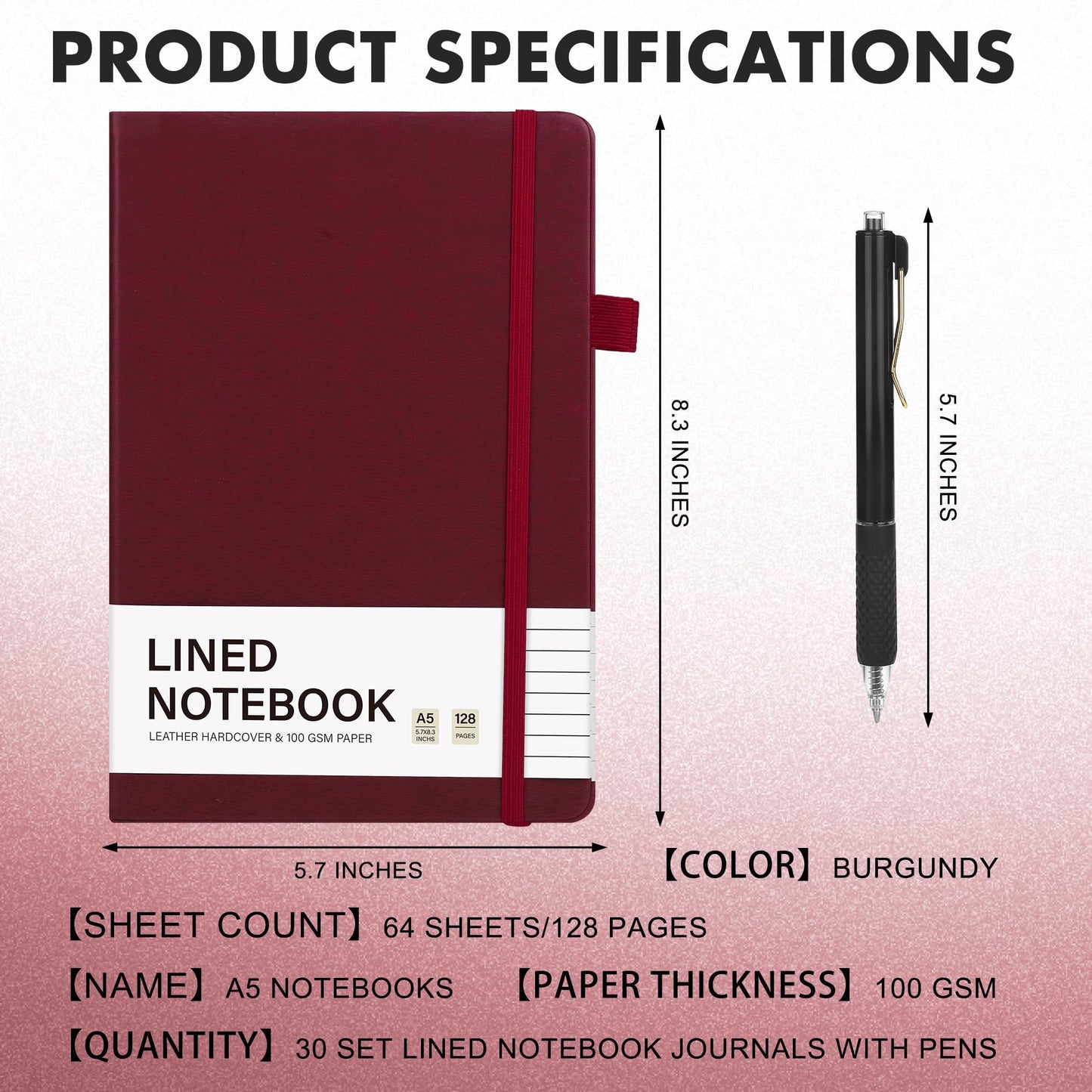 Aodaer 30 Set Lined Notebook Journals with Pens A5 Notebooks 100 GSM College Ruled Hardcover Notebook PU Leather Notepad with Pen Holder for Office School, 5.7 x 8.3 Inches, Burgundy