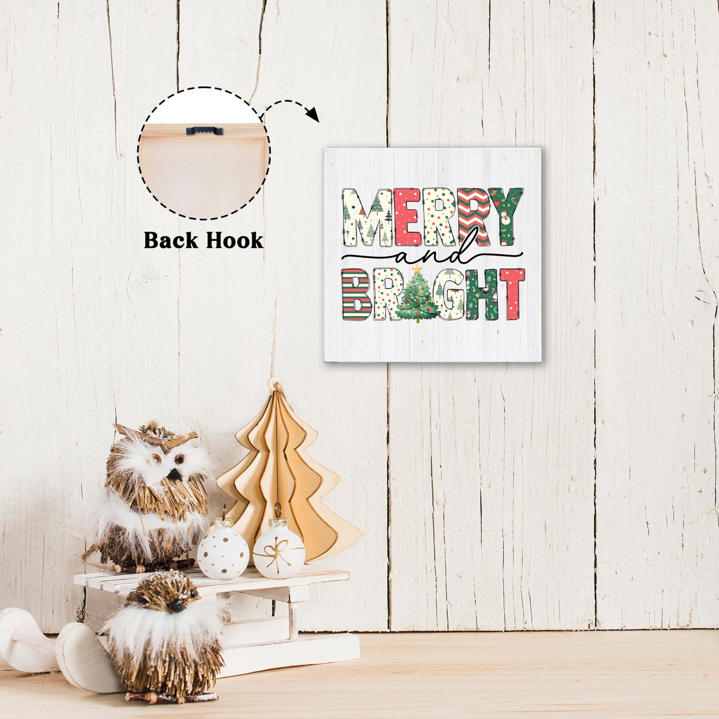 OXRUN Christmas Table Decorations, Merry and Bright Wooden Box Sign Decorative, Xmas Holiday Gifts for Women Men Home Office Shelf Decor 6 x 6 Inches - F07