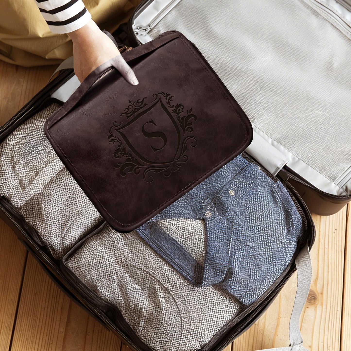 Aganmi Personalized Hanging Toiletry Bag Travel Gifts for Men Him, 3-in-1 Large Laser-Engraved Initial Waterproof PU Leather Shaving Bag Valentines Birthday Gift for Men Dad Husband Dark Brown M