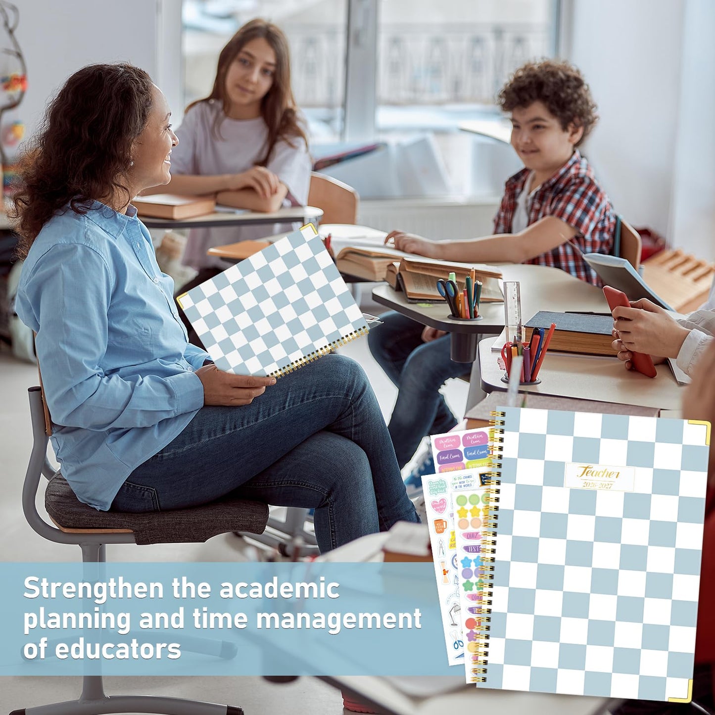 Teacher Planner 2026-2027, Jul 2026-Jun 2027 Academic Year, 8.5" x 11" Lesson Planner Book for Teacher Calendar, Spiral Bound Planners, Planning Stickers, Colorful Monthly Tabs, BlueCheckered