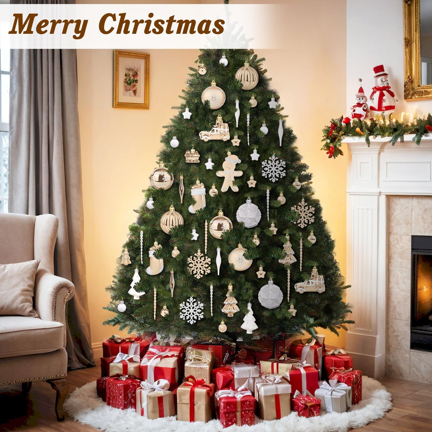 FestiveBliss Christmas Ornaments 71 Count, Christmas Decorations for Tree, 23, Shatterproof Champagne & White Ornaments Christmas