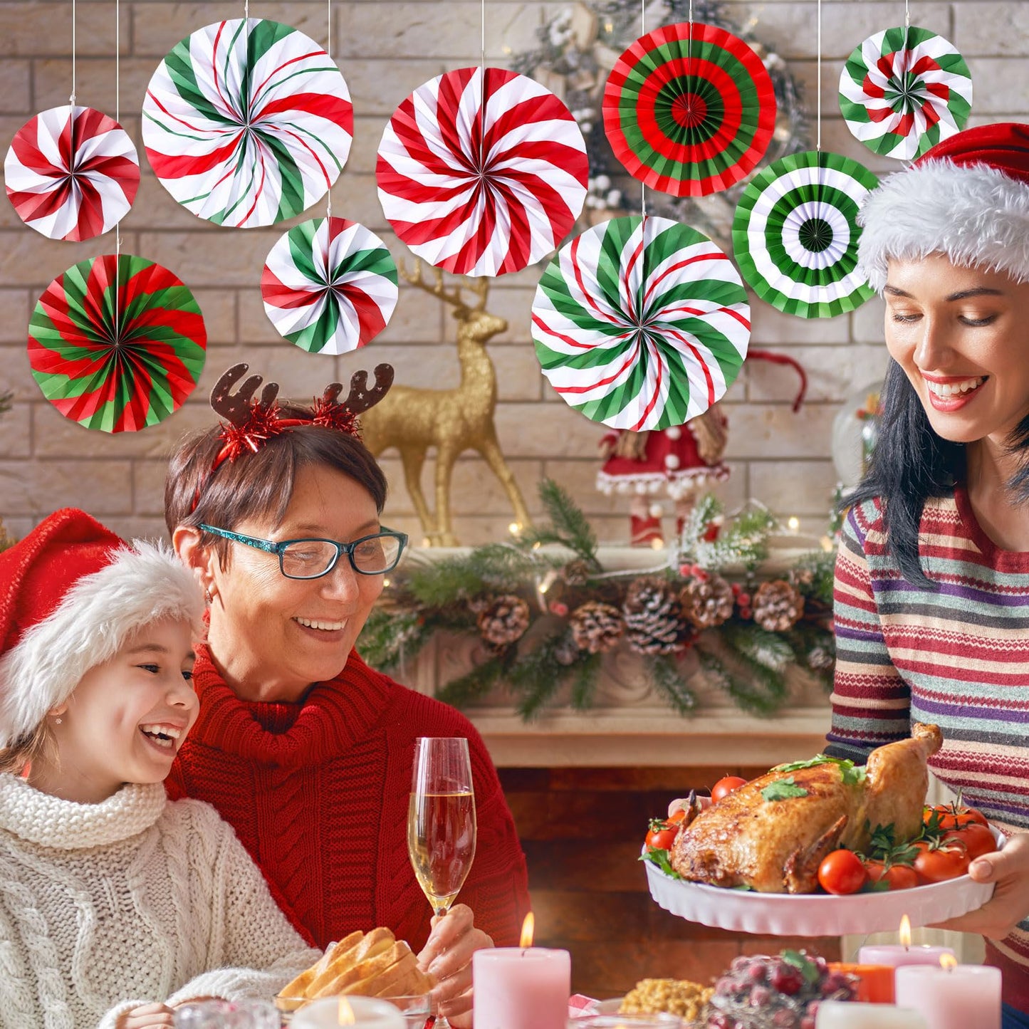 Outus Christmas Hanging Decorations Candy Paper Fans Peppermint Hanging Paper Fans Candy Cane Ceiling Wall Decor for Christmas Party Classroom Birthday Party(18 Pcs,Fresh)