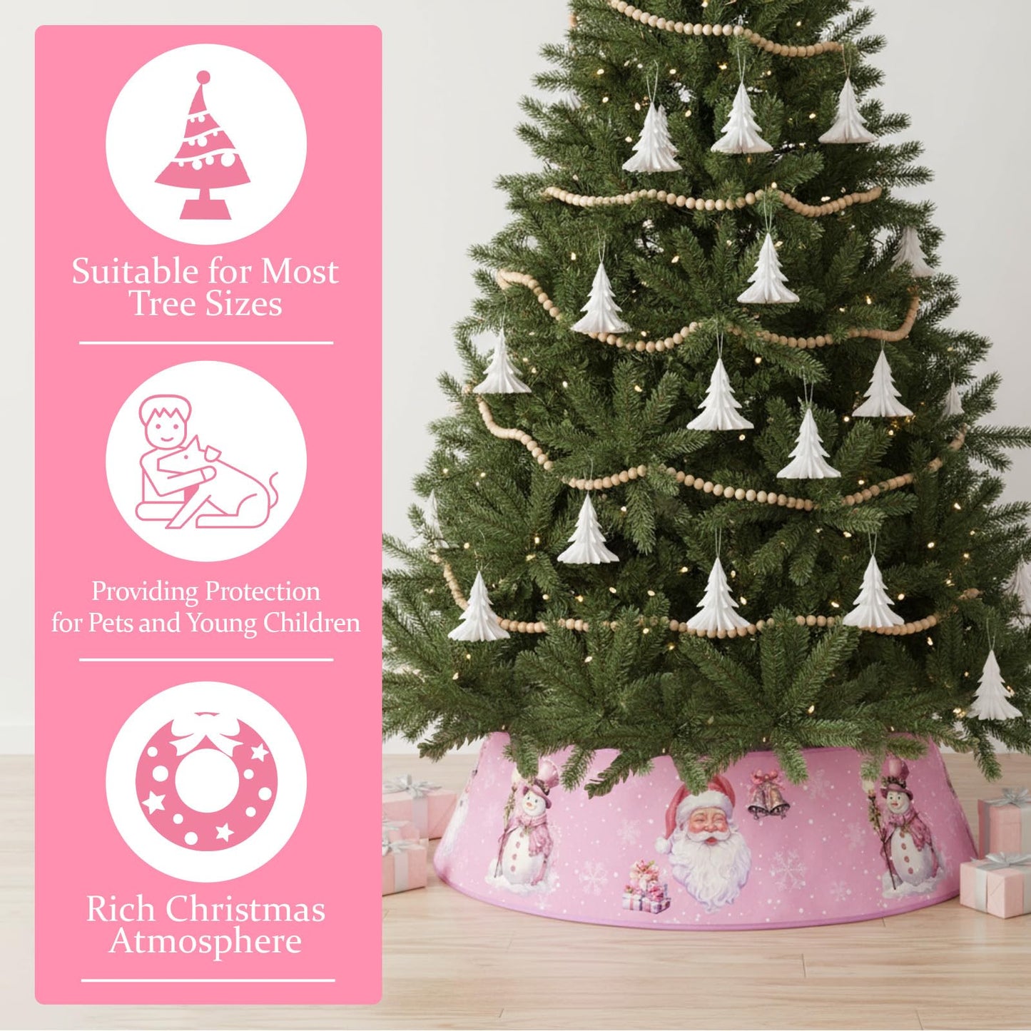 Motionchic Christmas Tree Collar 30'' Pink Santa Claus Christmas Tree Skirt Stand Base Cover Xmas Base Collar Ring Xmas Decoration Stand Skirt for 6 ft - 12 ft Foldable Holiday Winter Party Decor
