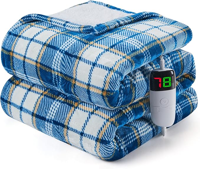 Heated Blanket Electric Throw 50X60, Heating Throw with 10 Levels 8 Hours Auto Off, Blue Plaid Sherpa Blanket Winter Warmer, Christmas Housewarming Gifts for Women Mom, Home Decor for Couch Bed Office