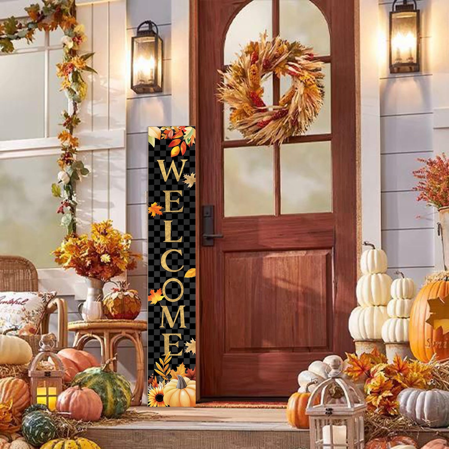 Fall Wooden Porch Sign 47" Autumn Pumpkin Maple Leaf Front Door Welcome Sign Vertical Standing Sign For Garden Home Yard Farmhouse Thanksgiving Decor