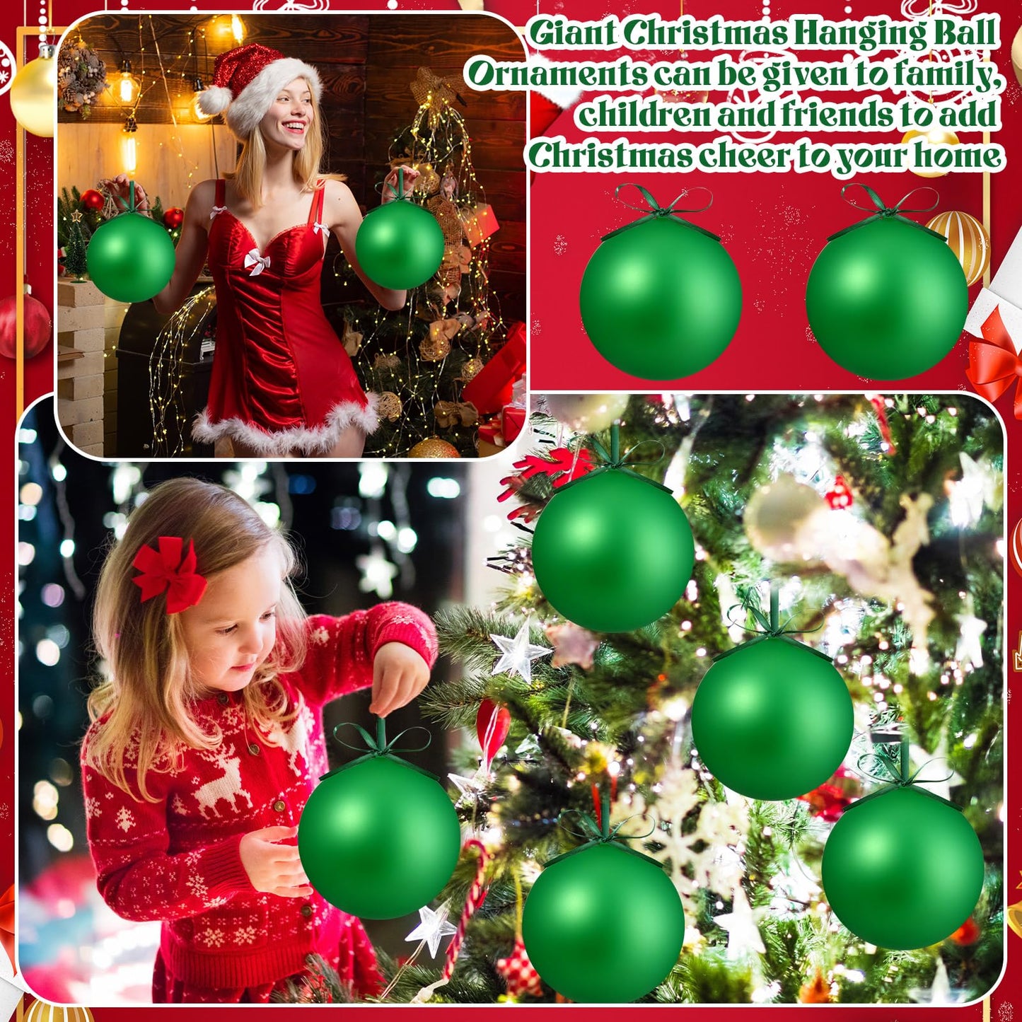 Zubebe 2 Pcs 8" Giant Fillable Christmas Ornaments with Ribbons Oversized Plastic Xmas Balls for Outdoor Lawn Yard Decor, Tree Hanging, Holiday Gifts(Matte Green)