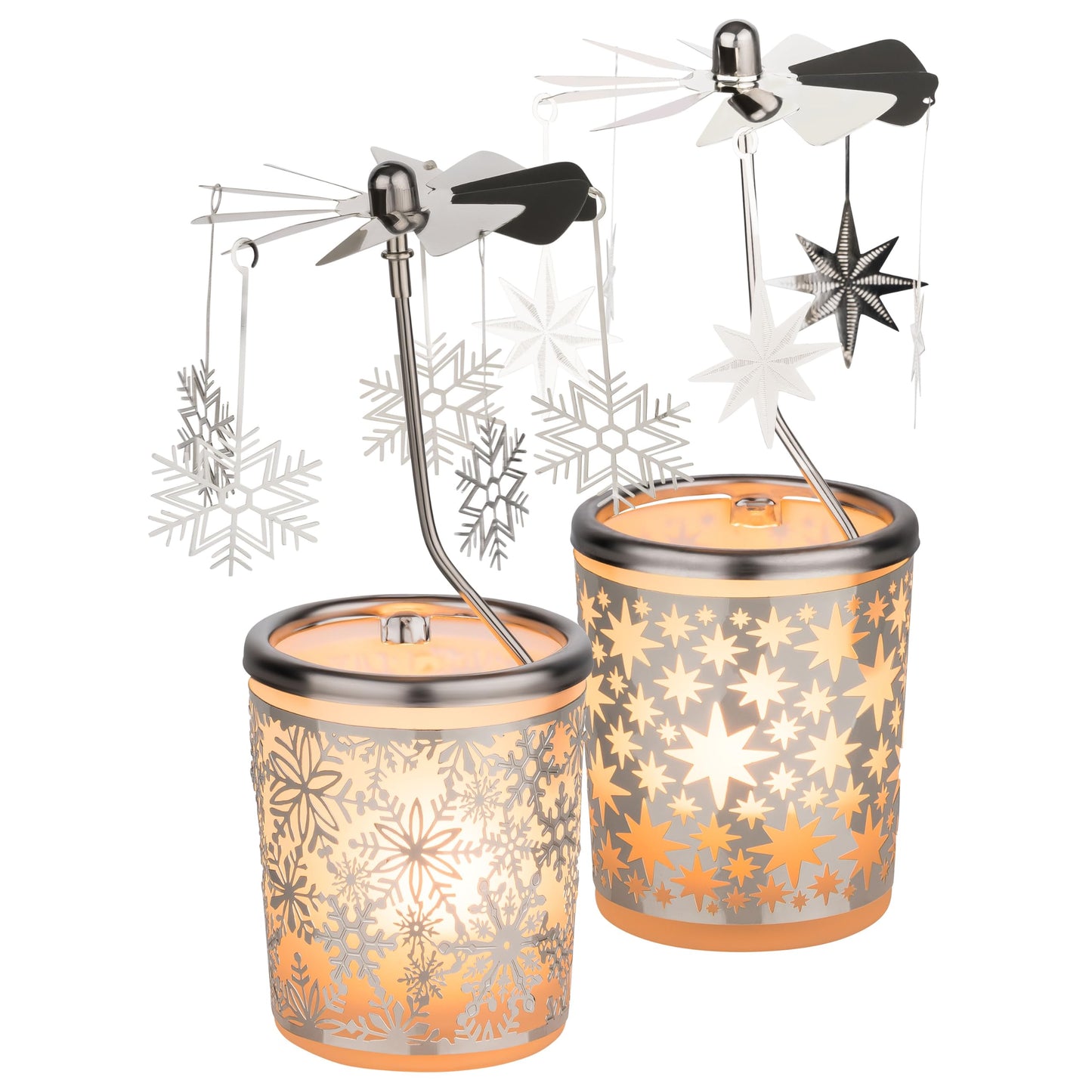 MaMeMi Lantern Set Snowflake and Stars: Set of 2 Lanterns - Silver - 7x8x15cm - Glass & Metal - Tabletop - Christmas, Winter Holidays