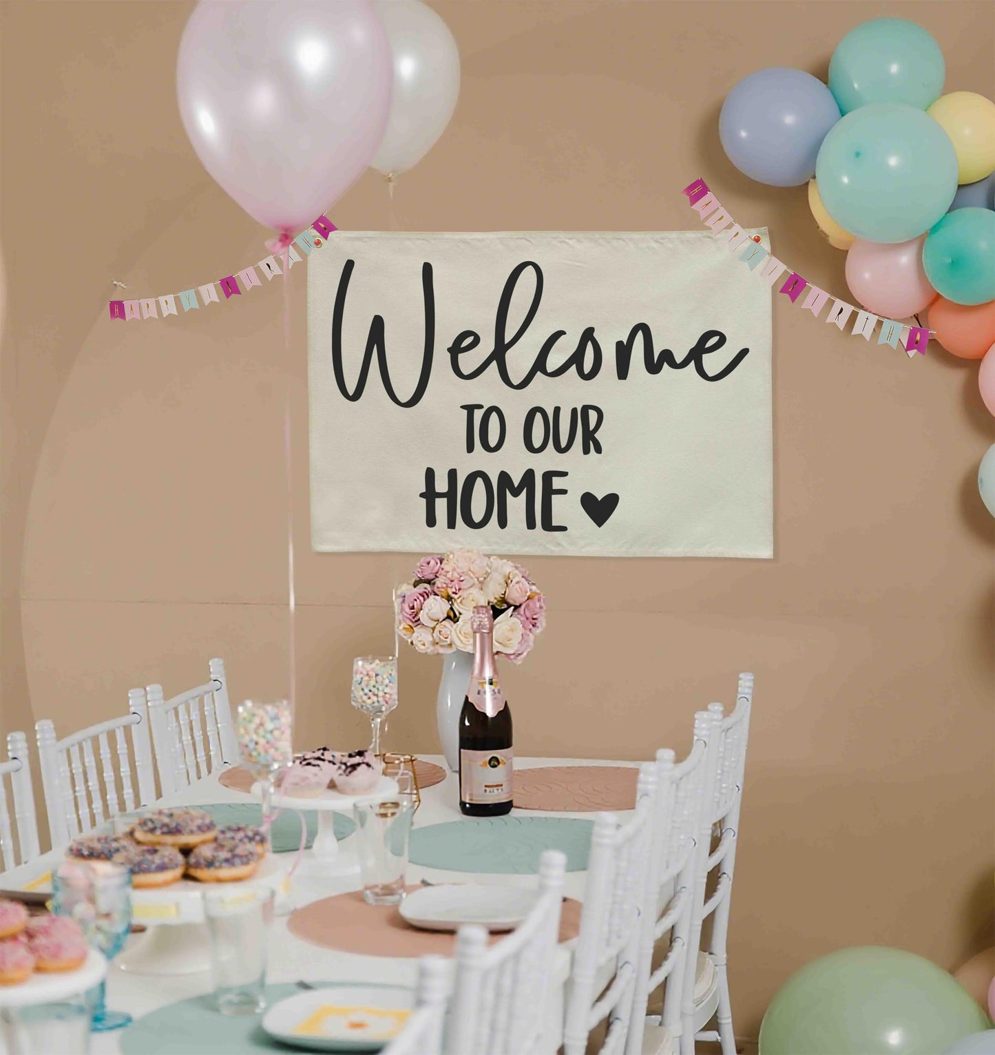 Welcome Party Wall Decor-Home Party Sign Decor-Rectangular Canvas Banner-Entryway Outdoor Garden Front Door Flag-Retirement Housewarming Wedding Birthday Christmas Gift-Welcome to Our Home