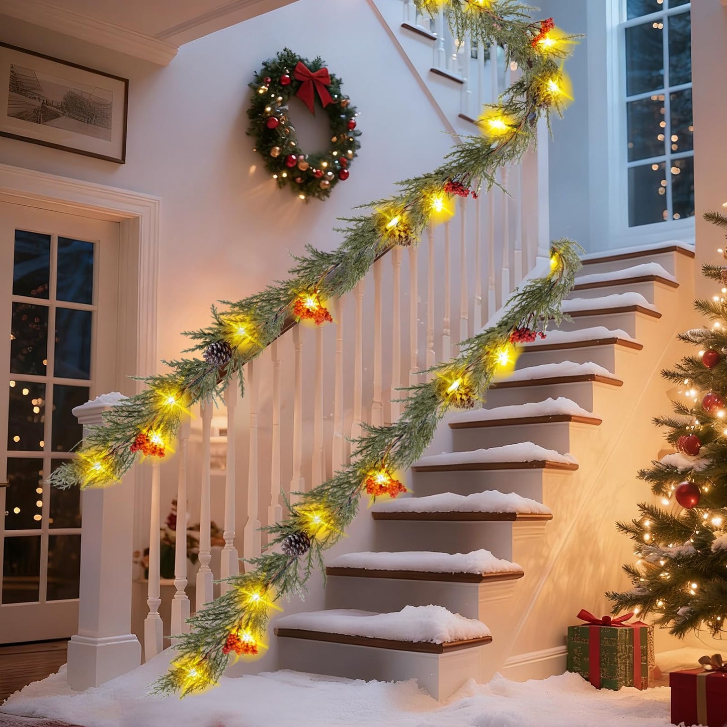 HUZIYAHAN Prelit Christmas Garland with Lights 6FT Christmas Tree Lighted Garland Outdoor Indoor Battery Operated Garland for Mantel Table Porch Stair Wall Winter Home Holiday Christmas Decorations