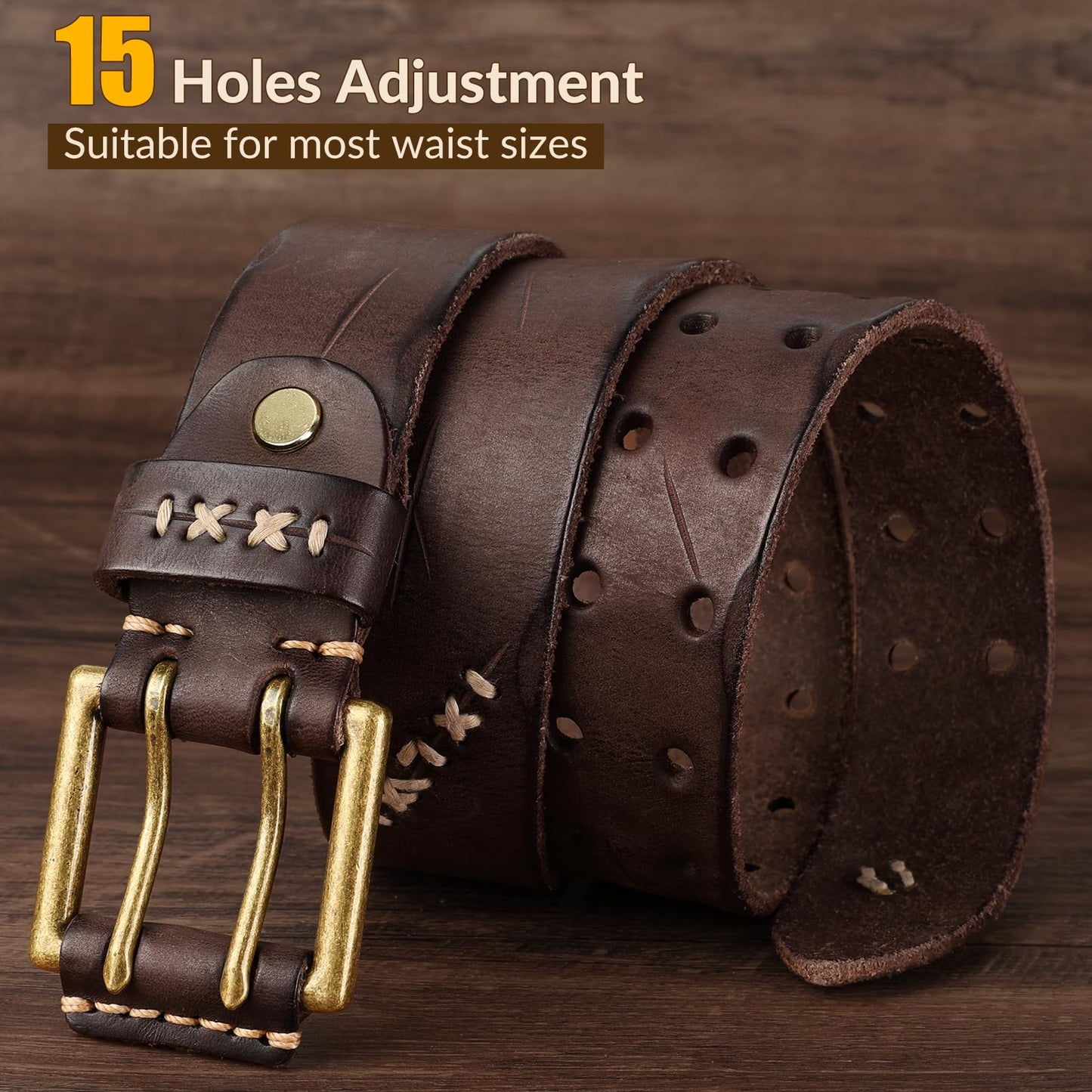 OZNDAS Real Leather Belts for Men Work Heavy Duty Double Prong Men's Belt Jeans Casual Mens Belts Leather Christmas Gifts Coffee Mens Leather Belt with Gold Buckle