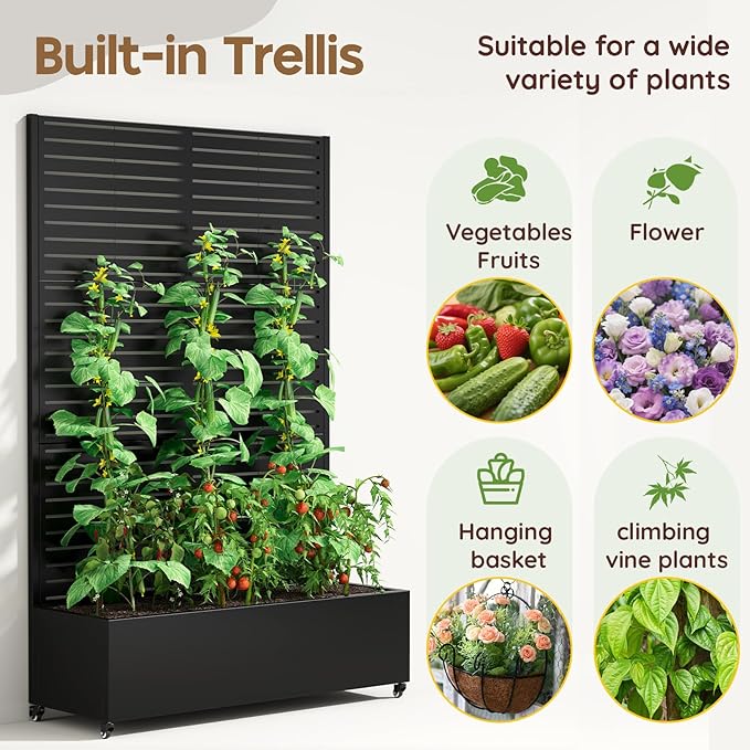 Metal Raised Garden Bed with Trellis & Wheels,72" x 47"x 15.7" Planter Box with Trellis,Privacy Planters for Patio,Garden Bed for Climbing Plants,Suitable for Climbing Plants and Vegetables,Black